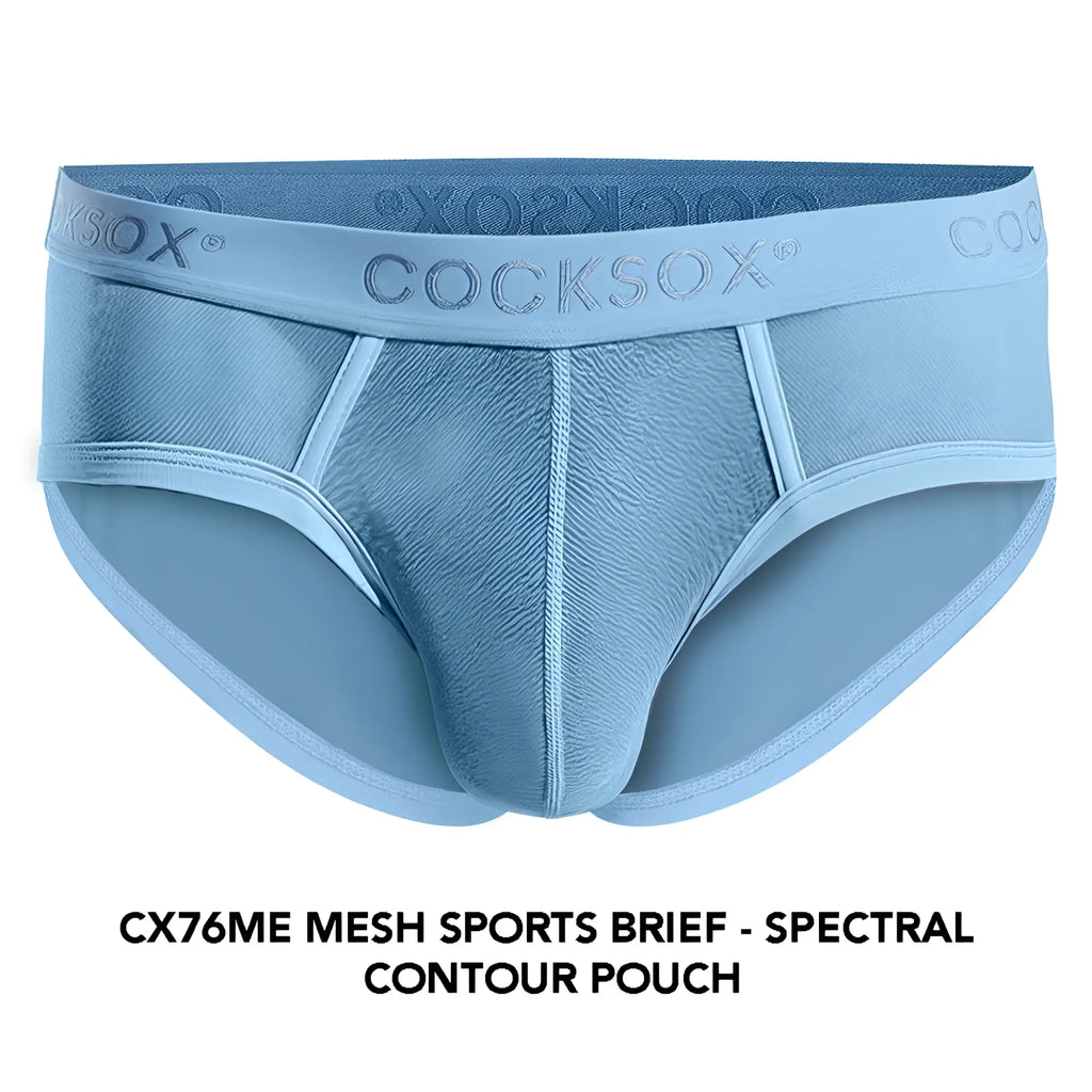 Light blue mesh sports brief with contoured pouch and cocksox branding on waistband for athletic use