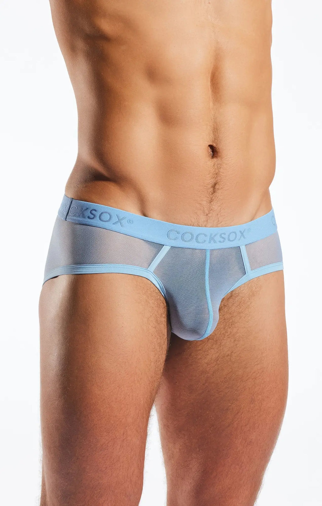 Light blue mesh men’s briefs with solid waistband featuring Cocksox brand name Cocksox CX76ME mesh sports brief