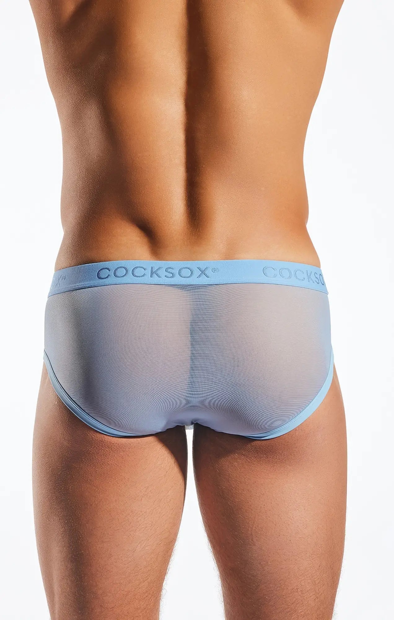 Light blue sheer mesh cocksox cx76me sports briefs with a solid light blue waistband featuring the brand name