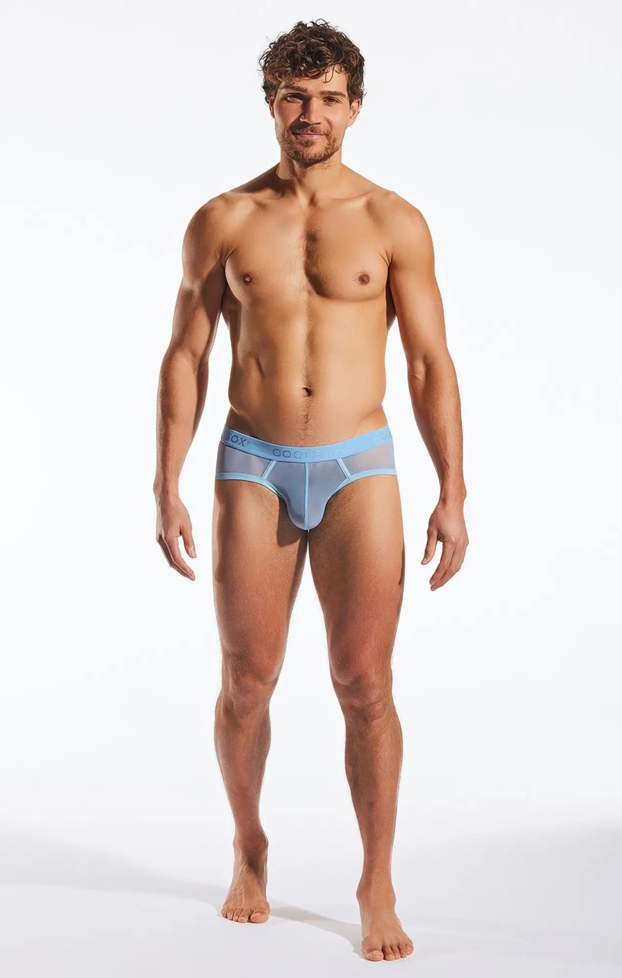 Light blue mesh sports briefs with solid waistband featuring the cox brand logo cocksox cx76me mesh brief