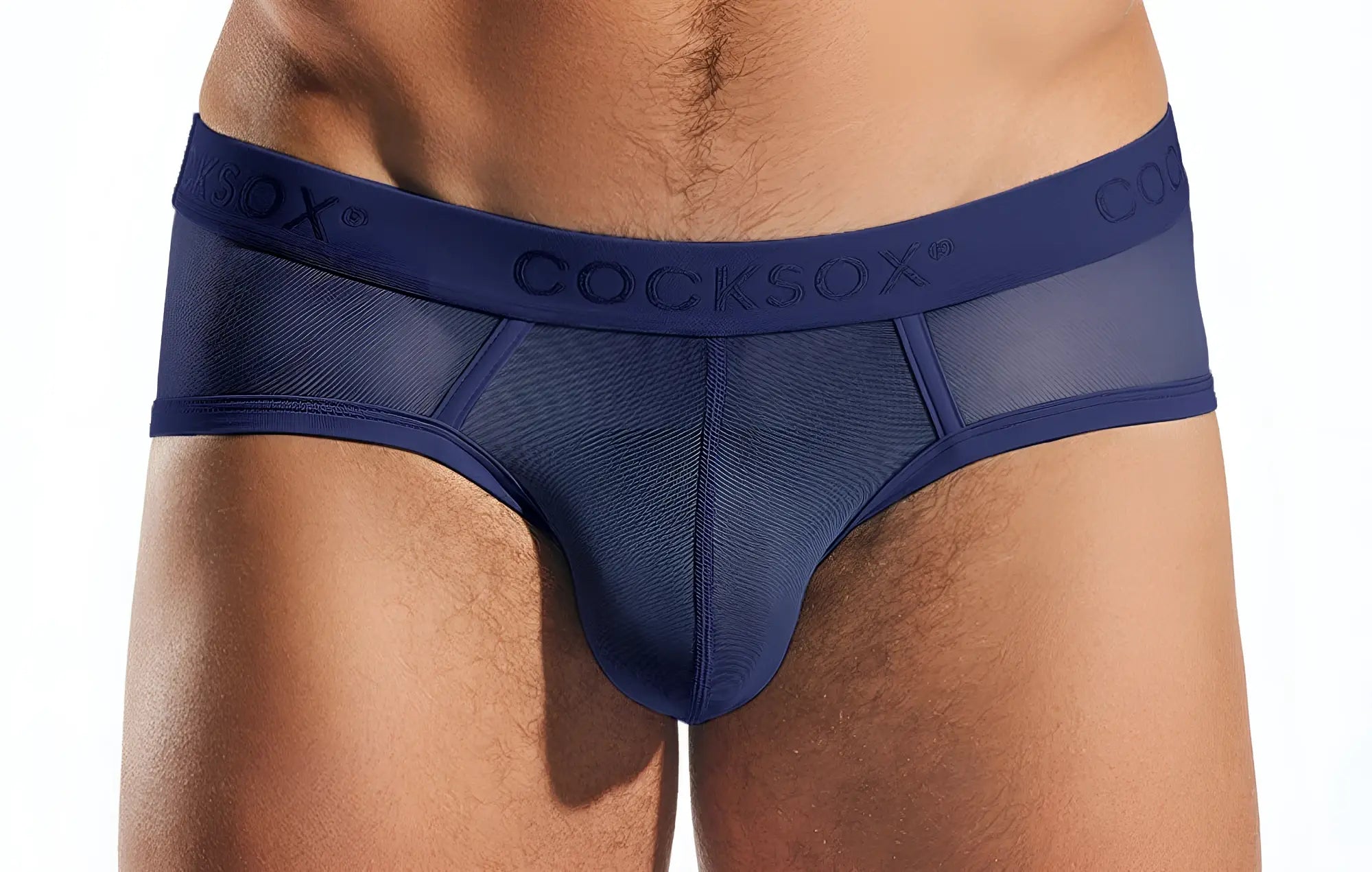 Navy blue cocksox cx76me mesh sports brief with elastic waistband and breathable front mesh panel for men