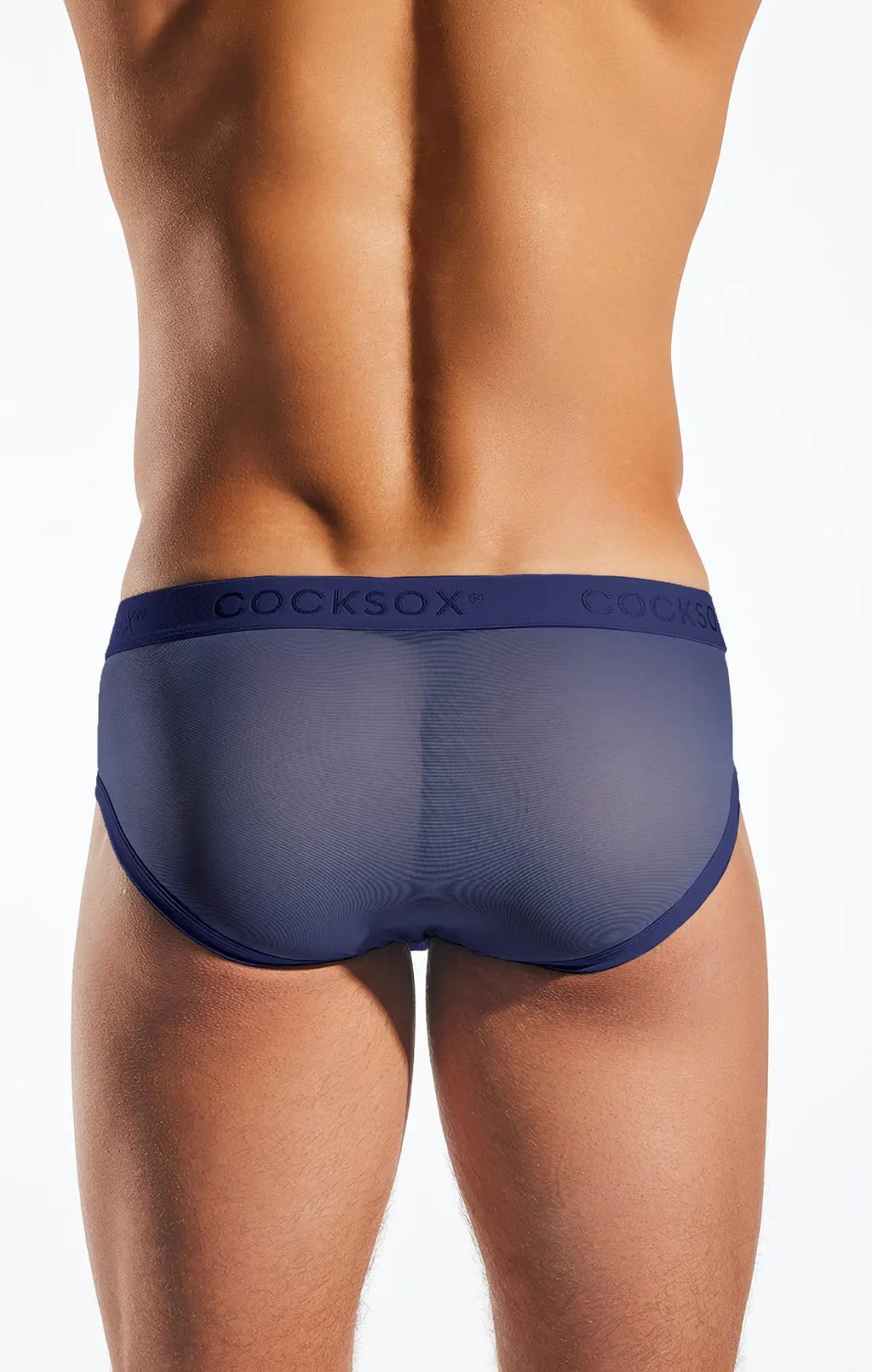 Navy blue mesh sports briefs with a solid waistband featuring the cocksox brand name cocksox cx76me mesh sports brief