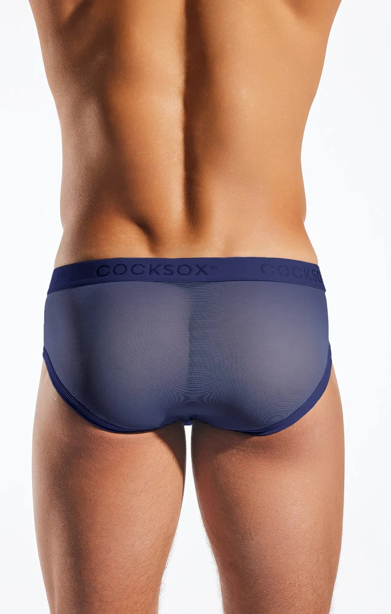 Navy blue mesh sports briefs with a solid waistband featuring the cocksox brand name cocksox cx76me mesh sports brief