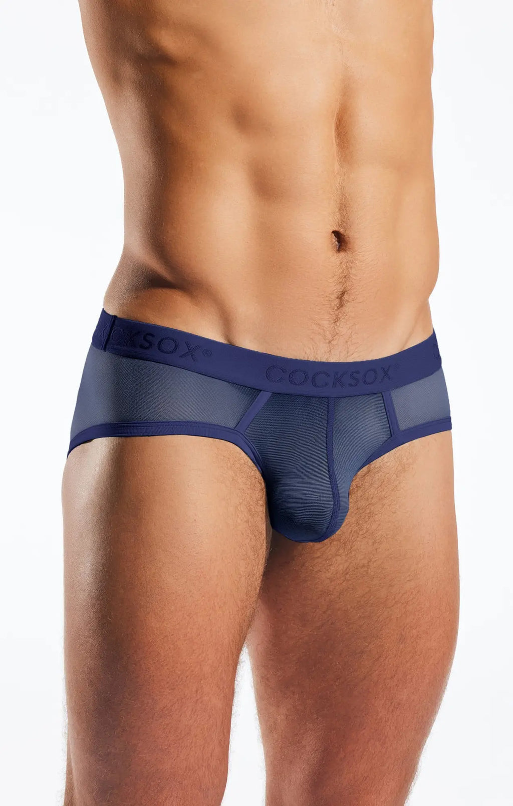 Navy blue mesh sports briefs with solid waistband featuring cocksox brand name in cocksox cx76me mesh sports brief