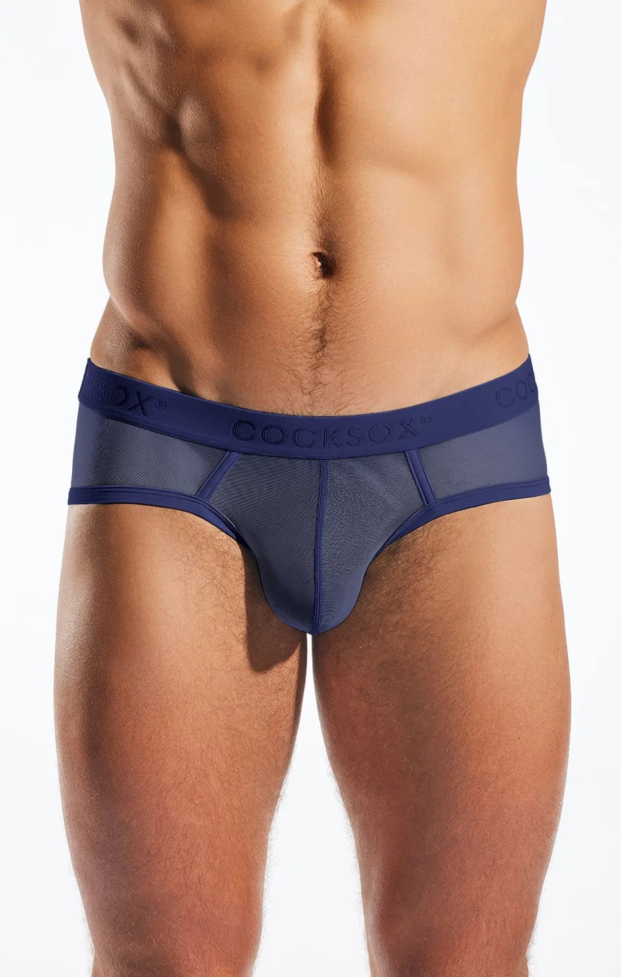 Navy blue mesh sports briefs with a solid waistband featuring the cocksox brand name cx76me design