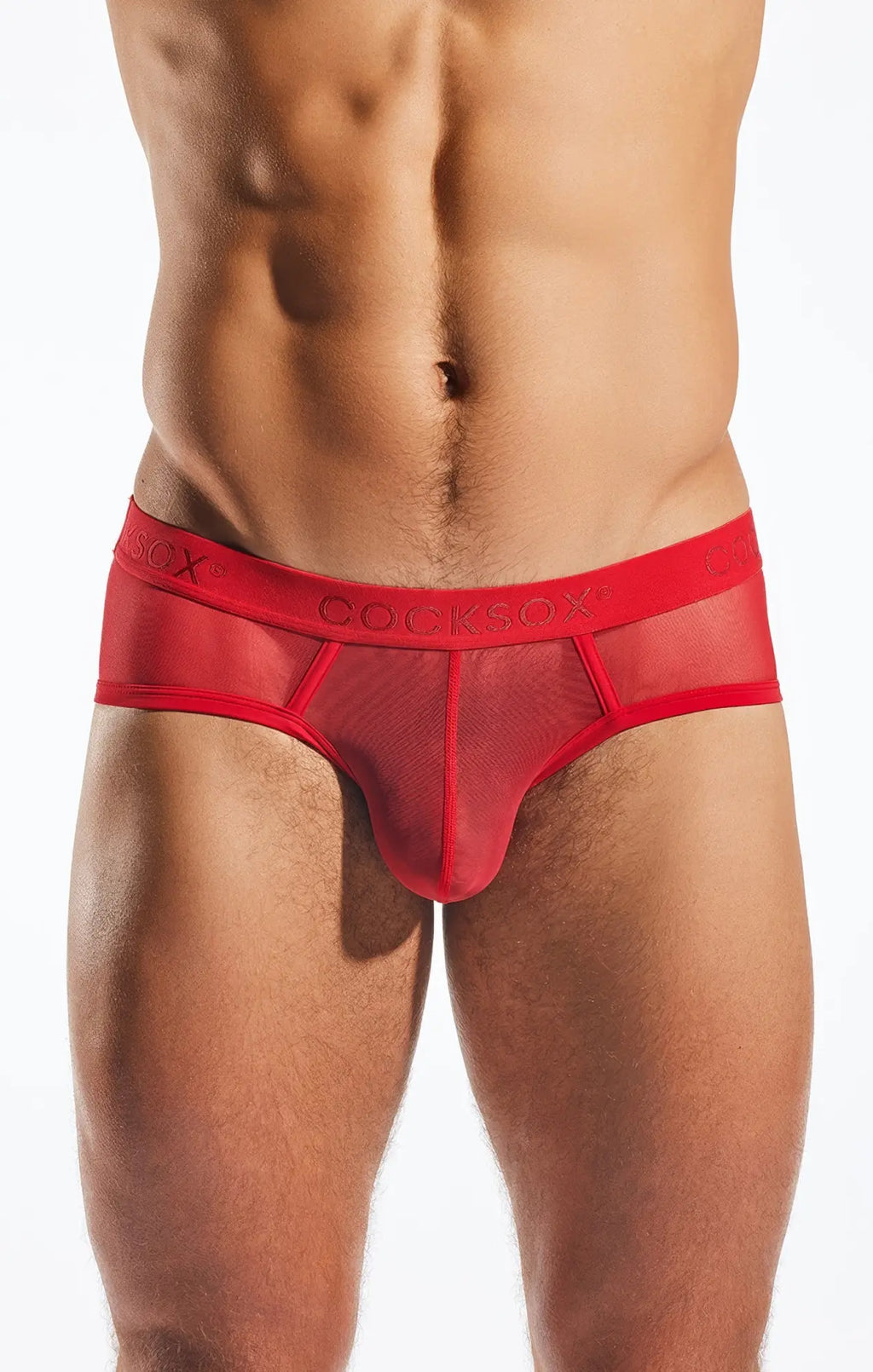 Red cocksox men’s mesh sports briefs with solid red waistband made from breathable mesh fabric for active comfort