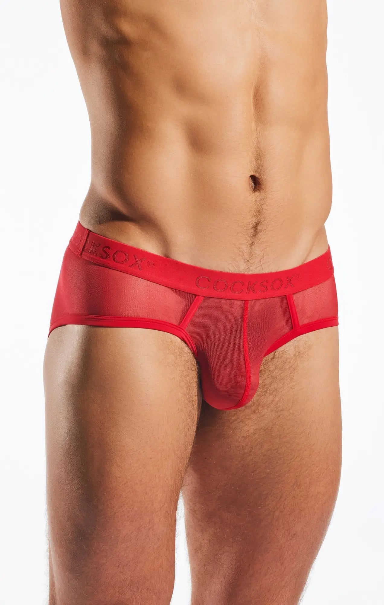 Red sheer mesh Cocksox CX76ME sports briefs with a bold form fitting design and embossed waistband branding