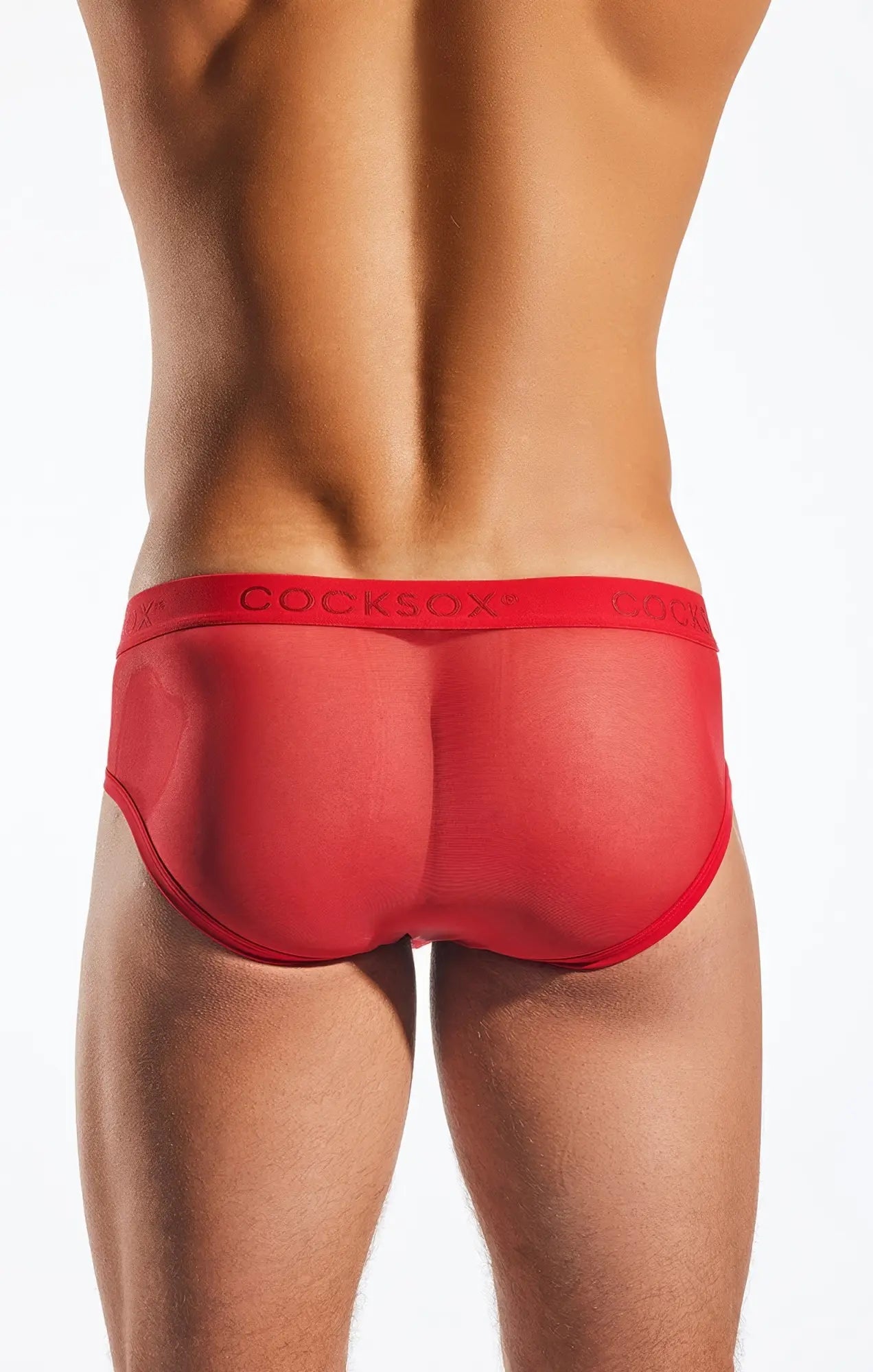 Red transparent mesh sports briefs with a solid red waistband branded cooksox cocksox cx76me mesh sports brief