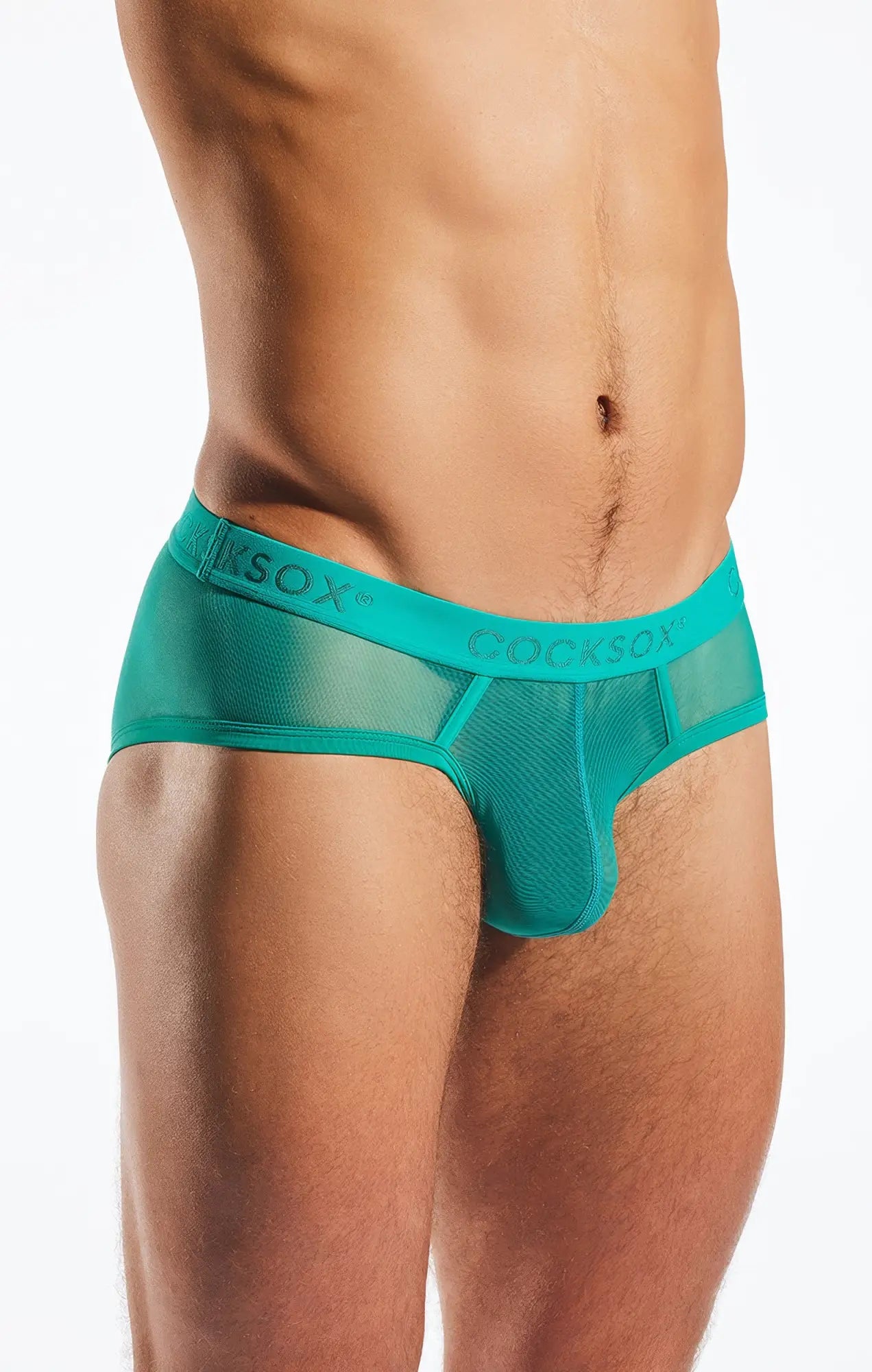 Teal mesh cocksox cx76me sports briefs with branded waistband designed for breathable comfort and support