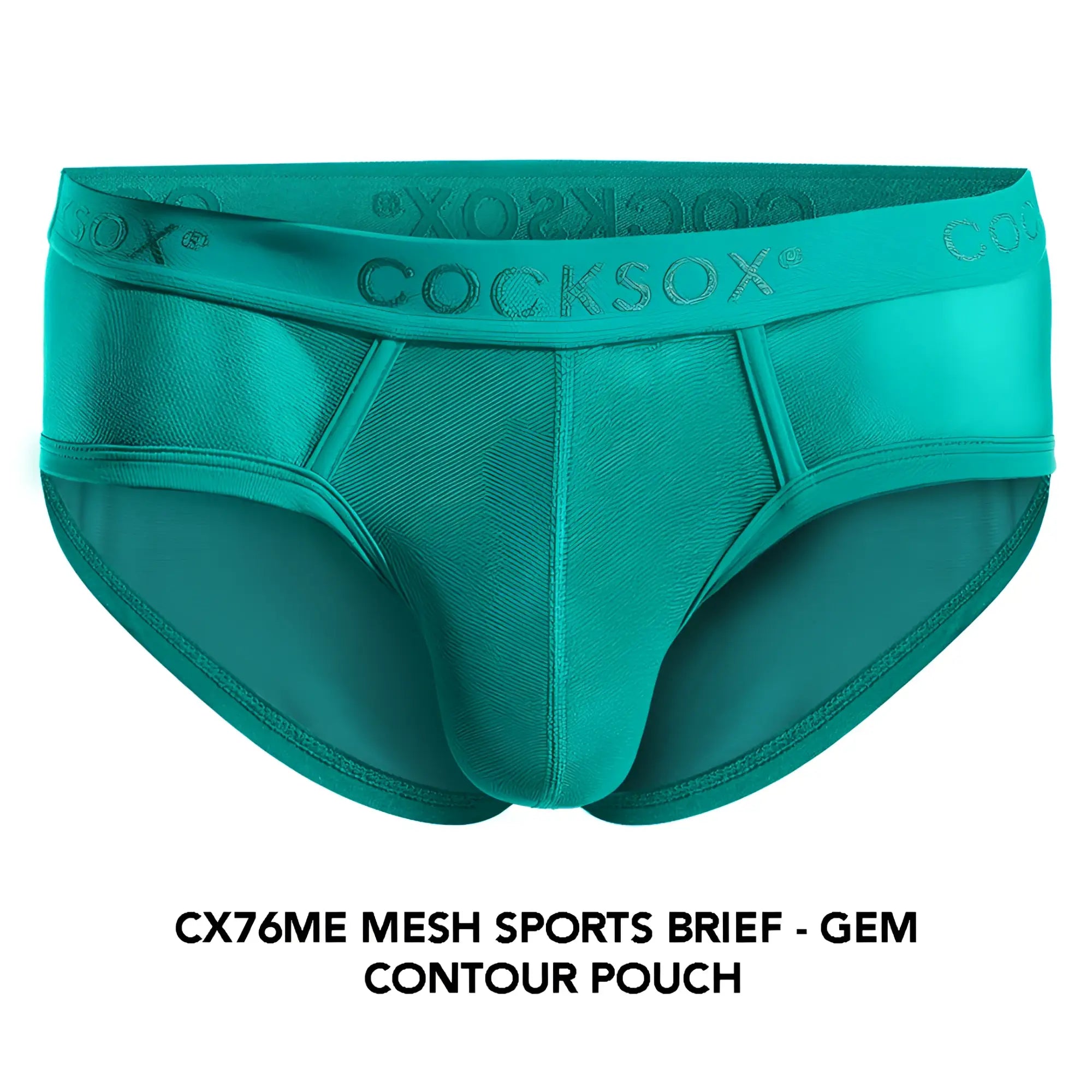 Teal mesh sports brief with contoured pouch and cocksox branding on the waistband in the cocksox cx76me collection