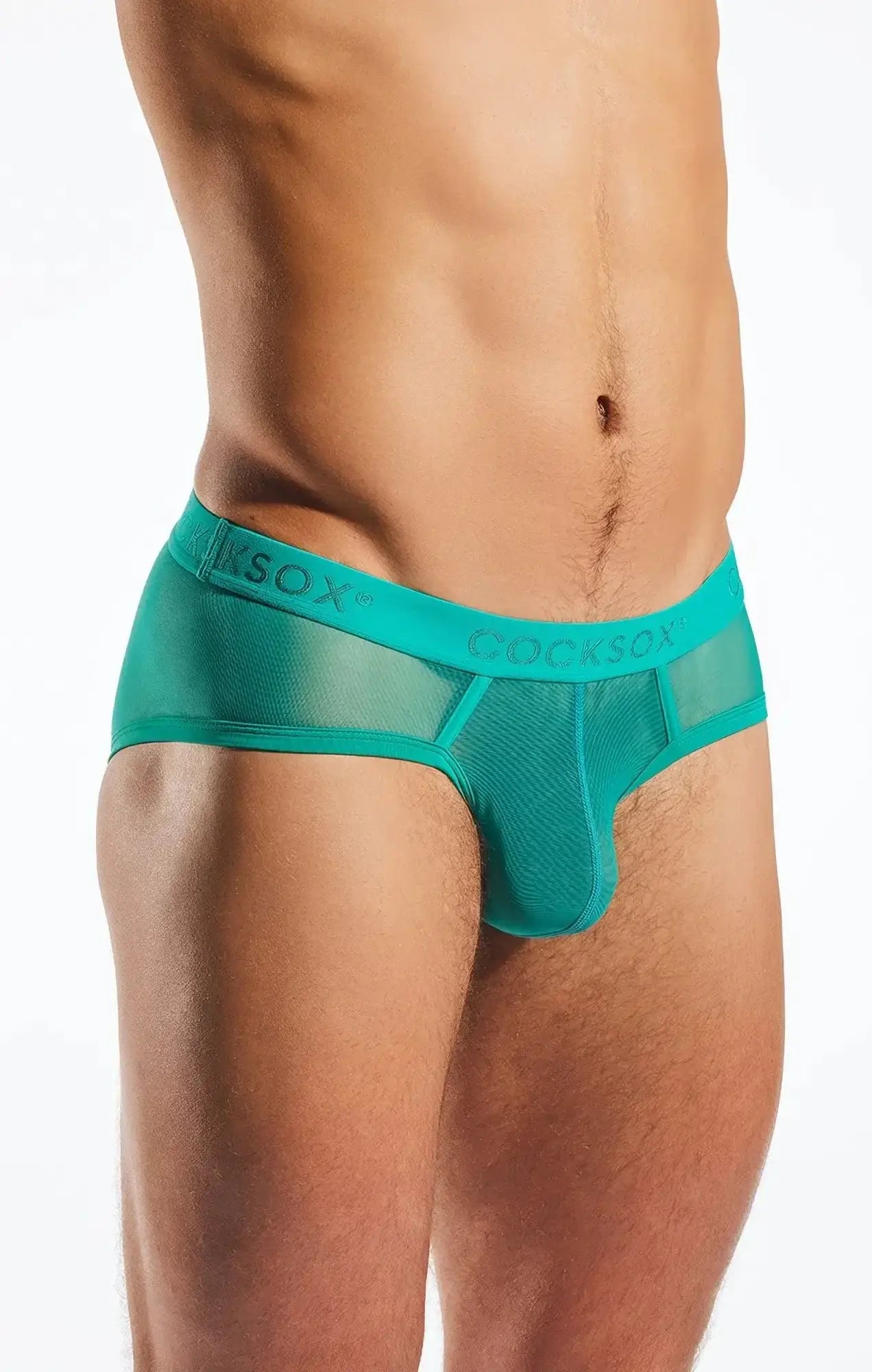 Teal mesh cocksox cx76me sports briefs with branded waistband designed for breathable comfort and support