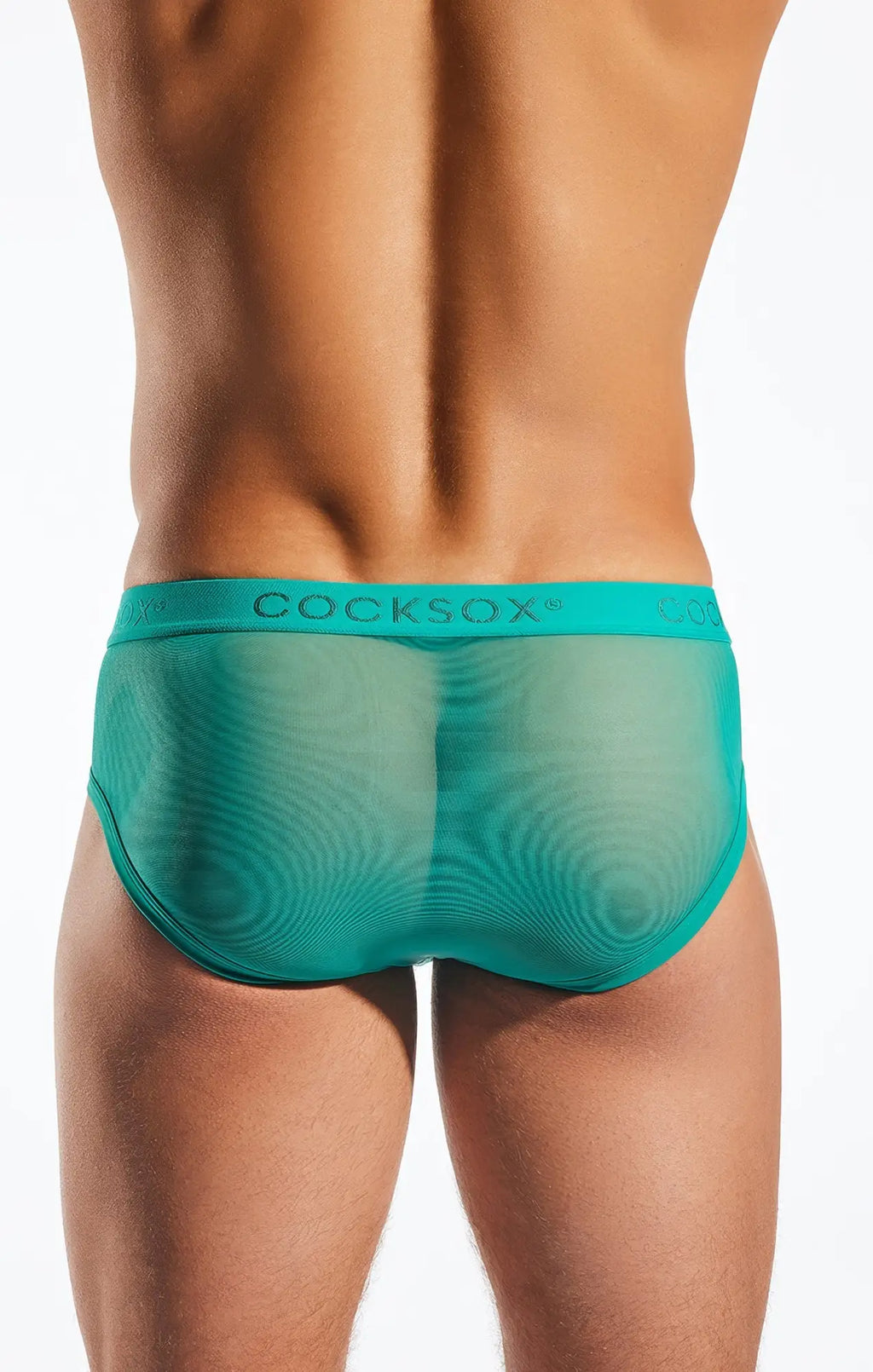 Teal translucent mesh sports briefs with a subtle swirling pattern and cocksox branded waistband cx76me model