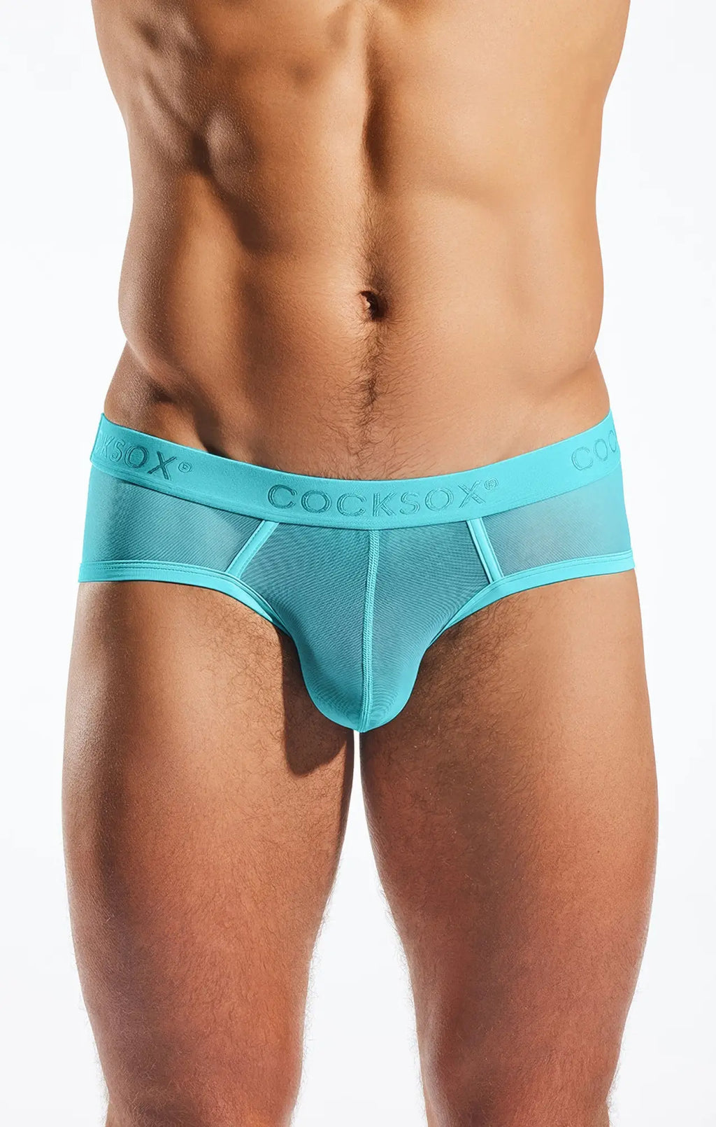 Turquoise mesh sports briefs with solid cocksox waistband made of breathable fabric cx76me model