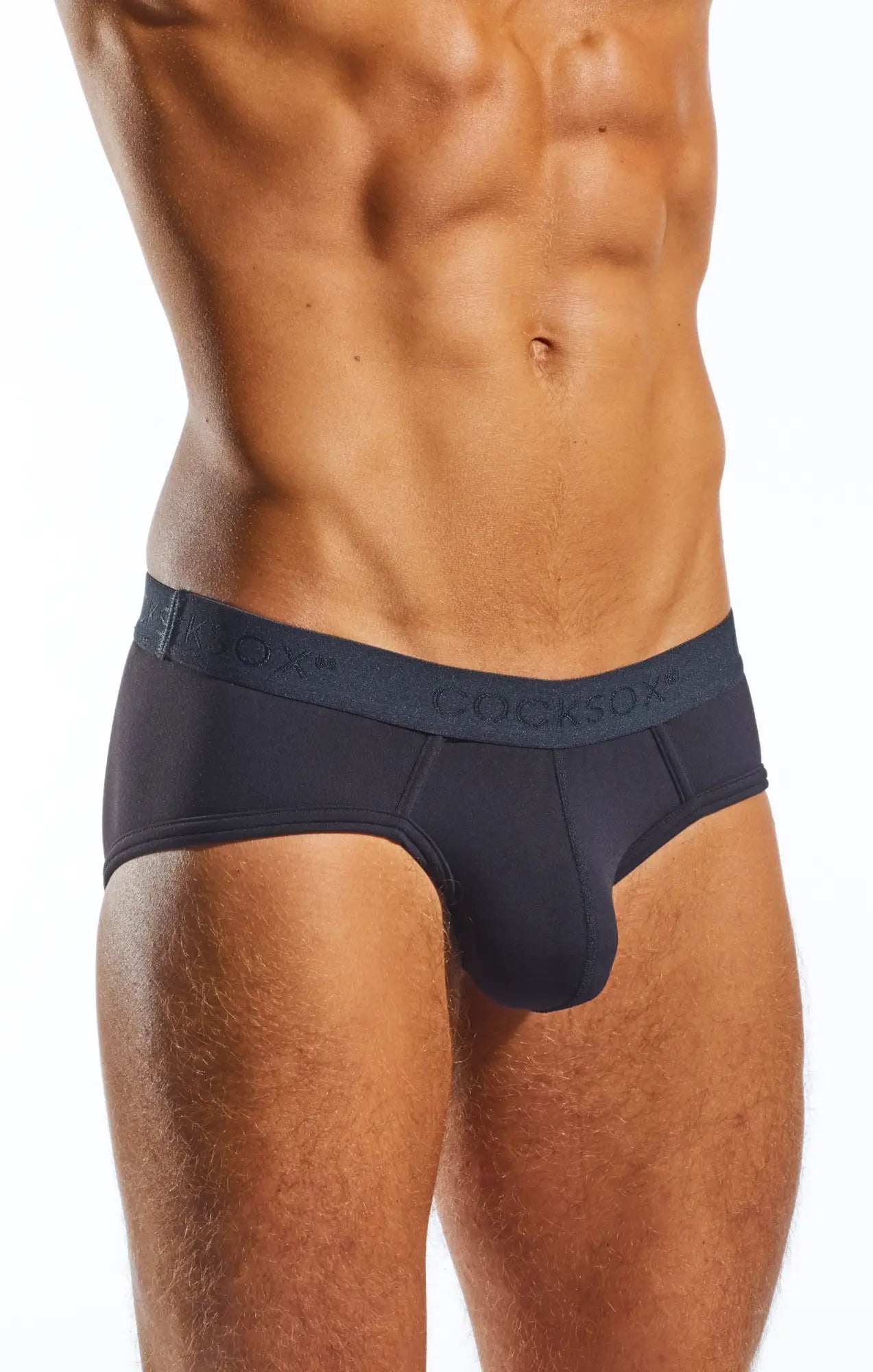 Black cocksox cx76n sports briefs with smooth form-fitting design and subtle logo band in front view