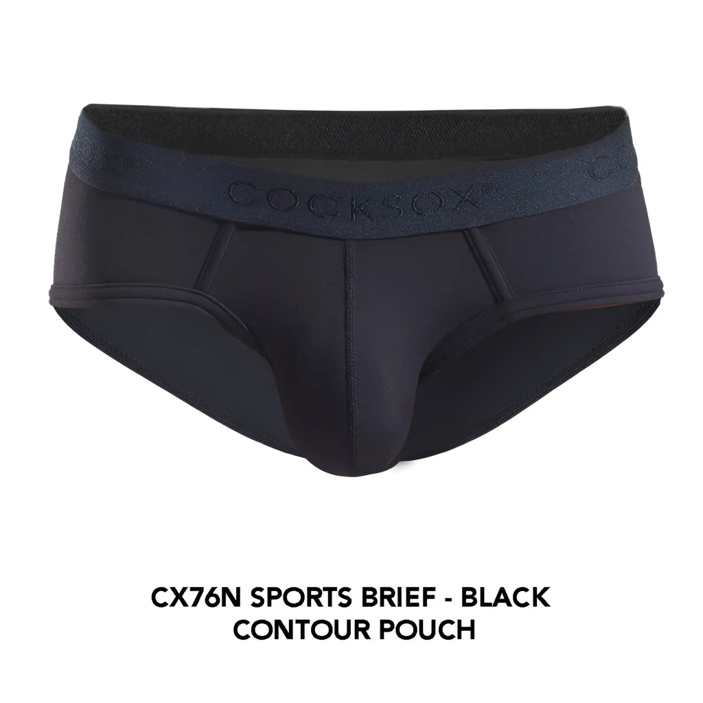 Black cocksox cx76n sports brief with contour pouch design and subtle brand logo on the waistband