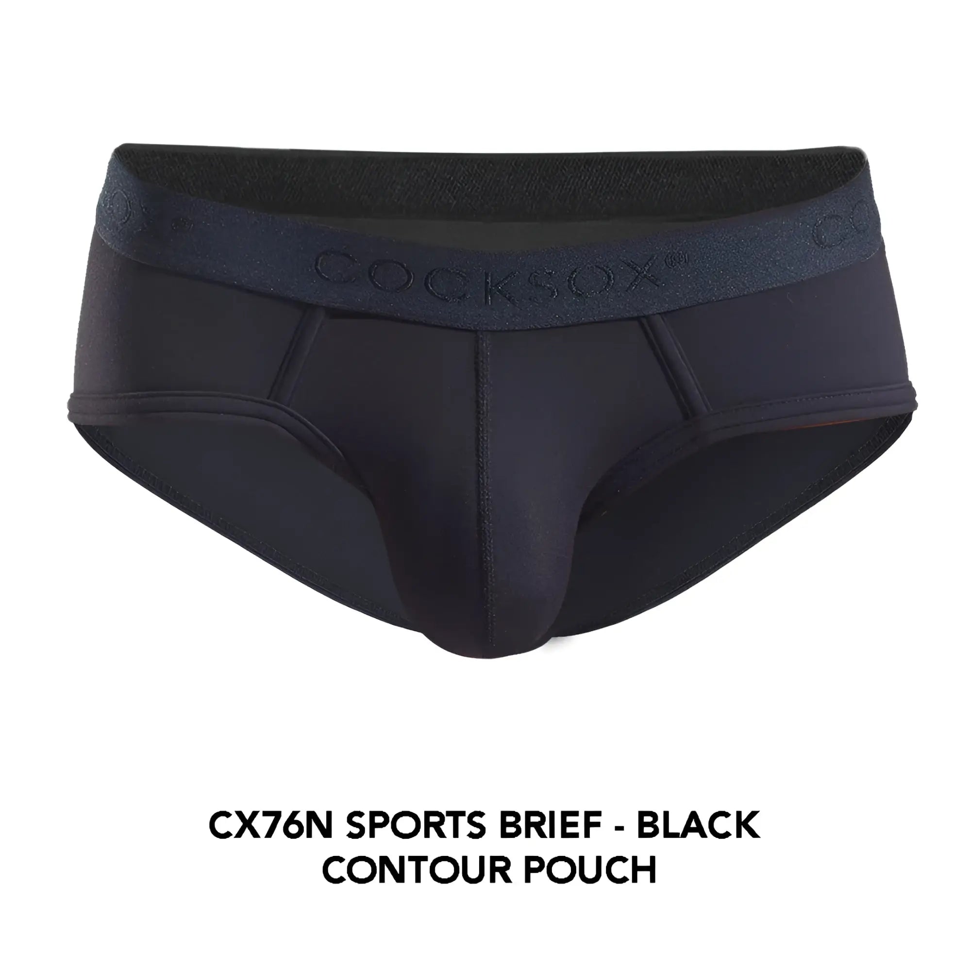Black cocksox cx76n sports brief with contour pouch design and subtle brand logo on the waistband