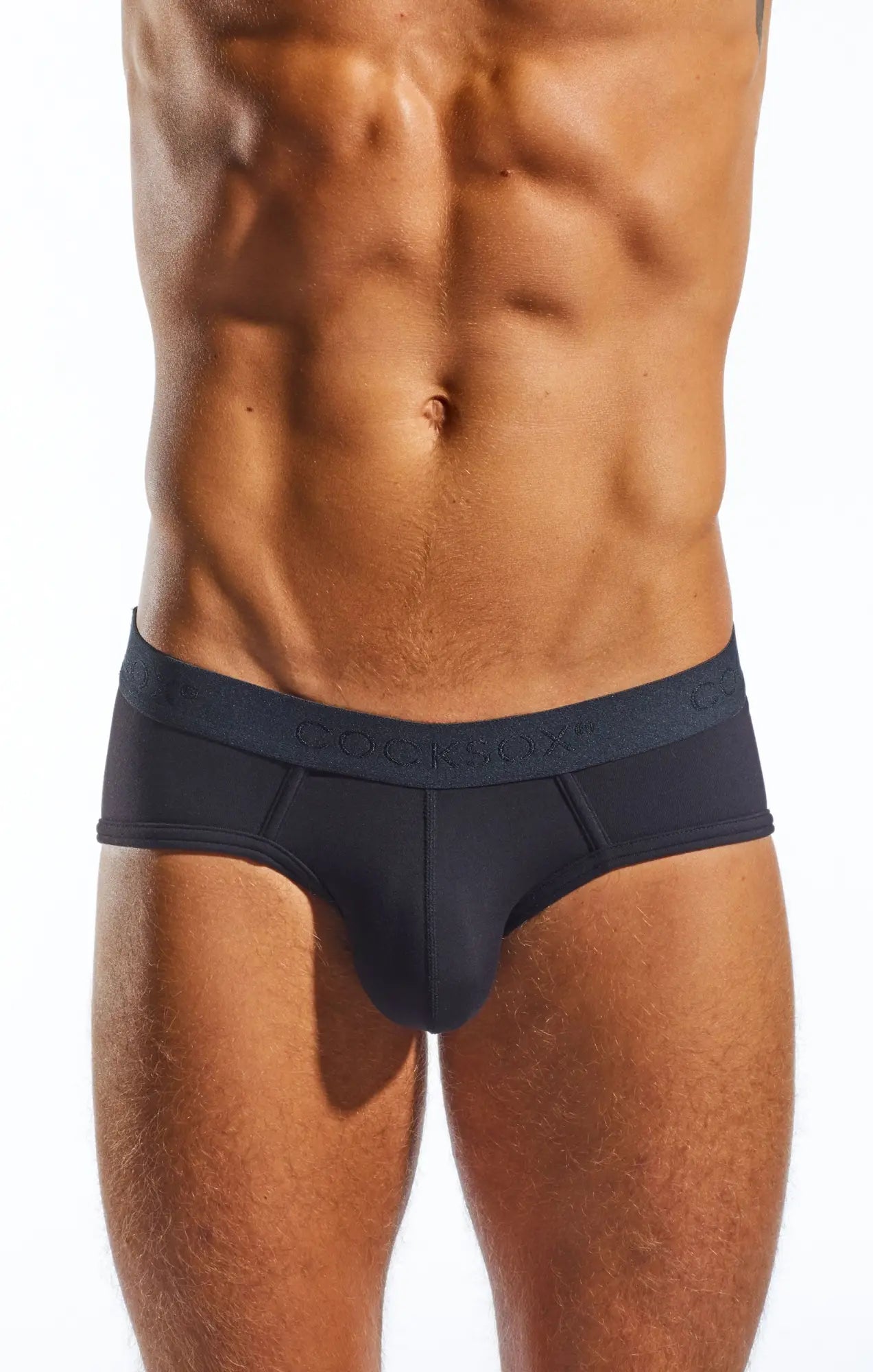 Black men’s cotton briefs with subtle elastic waistband featuring cockson brand name cocksox cx76n sports brief