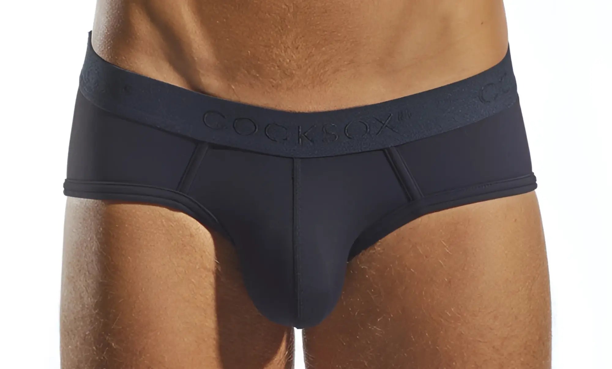 Black cocksox cx76n sports brief with textured waistband featuring brand name in men’s black fabric