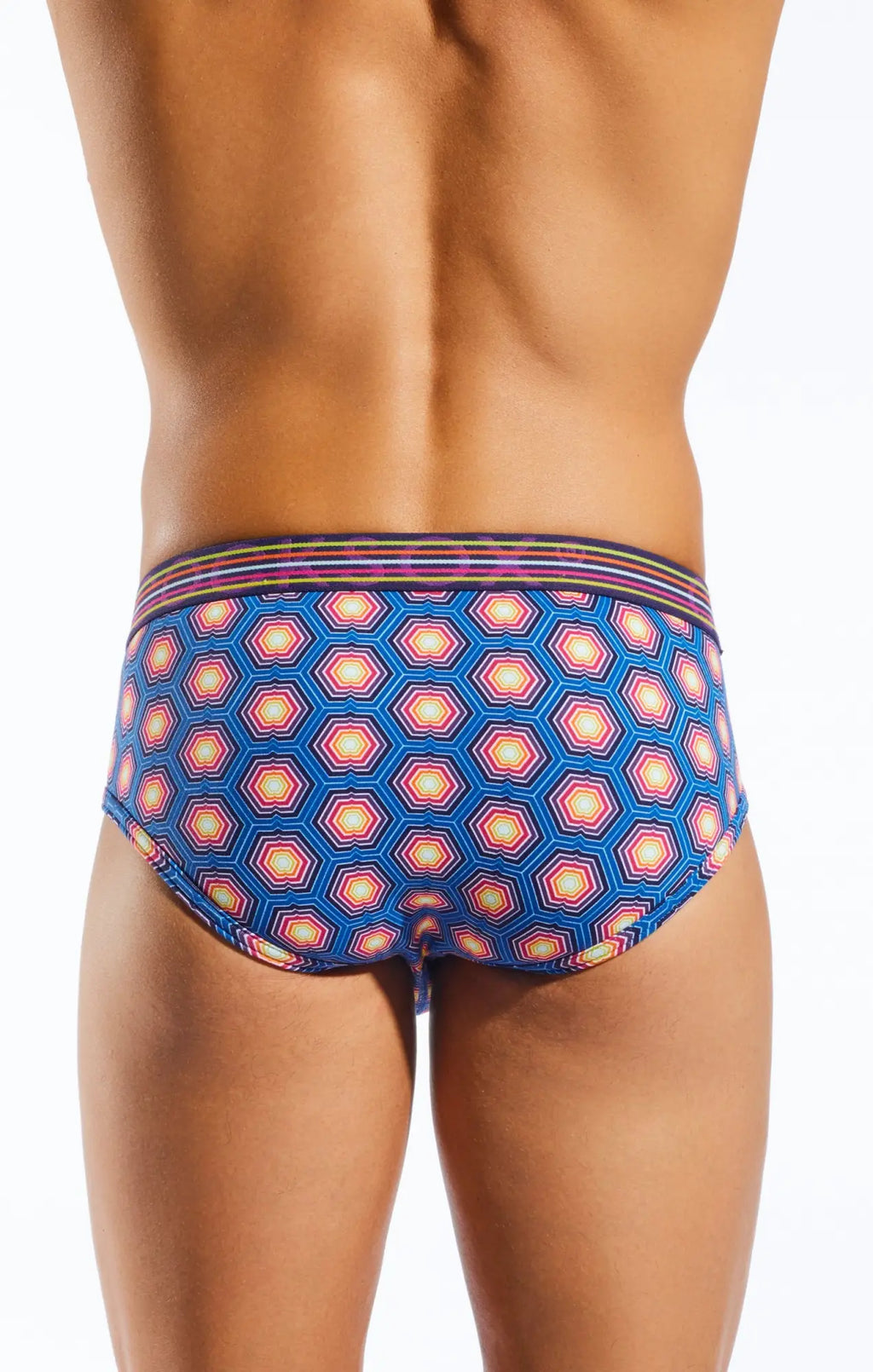 Blue swim trunks cocksox cx76n sports brief with vibrant pink orange and white hexagon geometric pattern