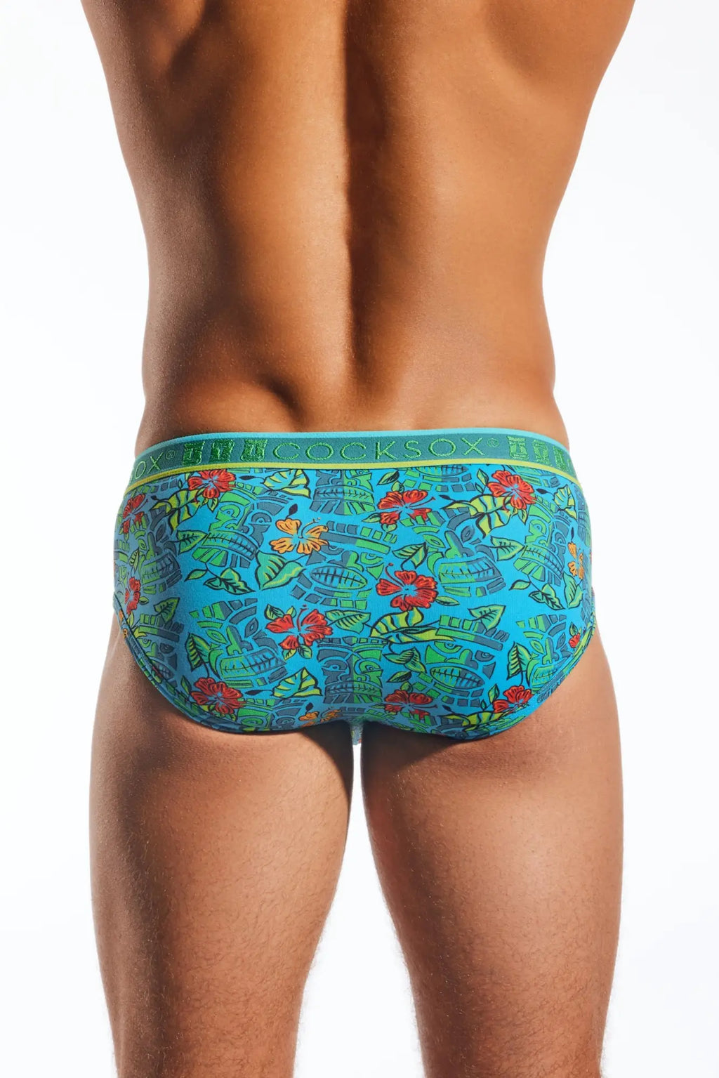 Blue tropical print men’s briefs with red and green floral patterns cocksox cx76n sports brief front view