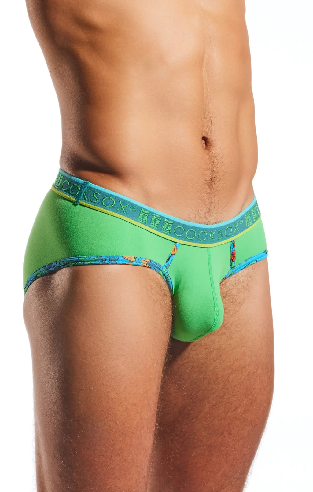 Bright green cocksox cx76n sports brief with blue waistband branded cocksox and decorative leg patterns
