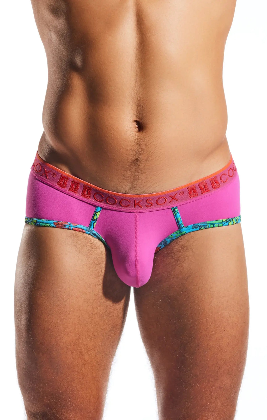 Bright pink men’s briefs with bold orange ufocksox waistband and colorful trim cocksox CX76N sports brief
