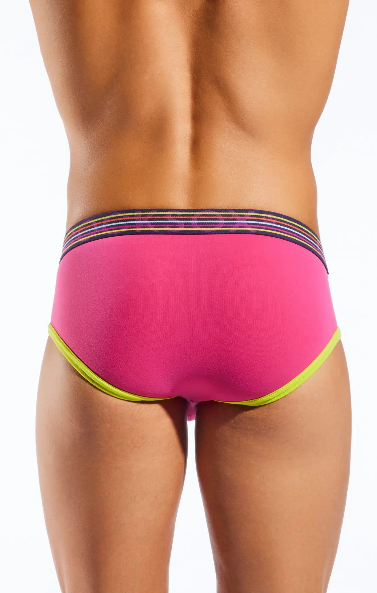 Cocksox cx76n sports brief in bright pink with neon yellow trim and multicolored striped waistband