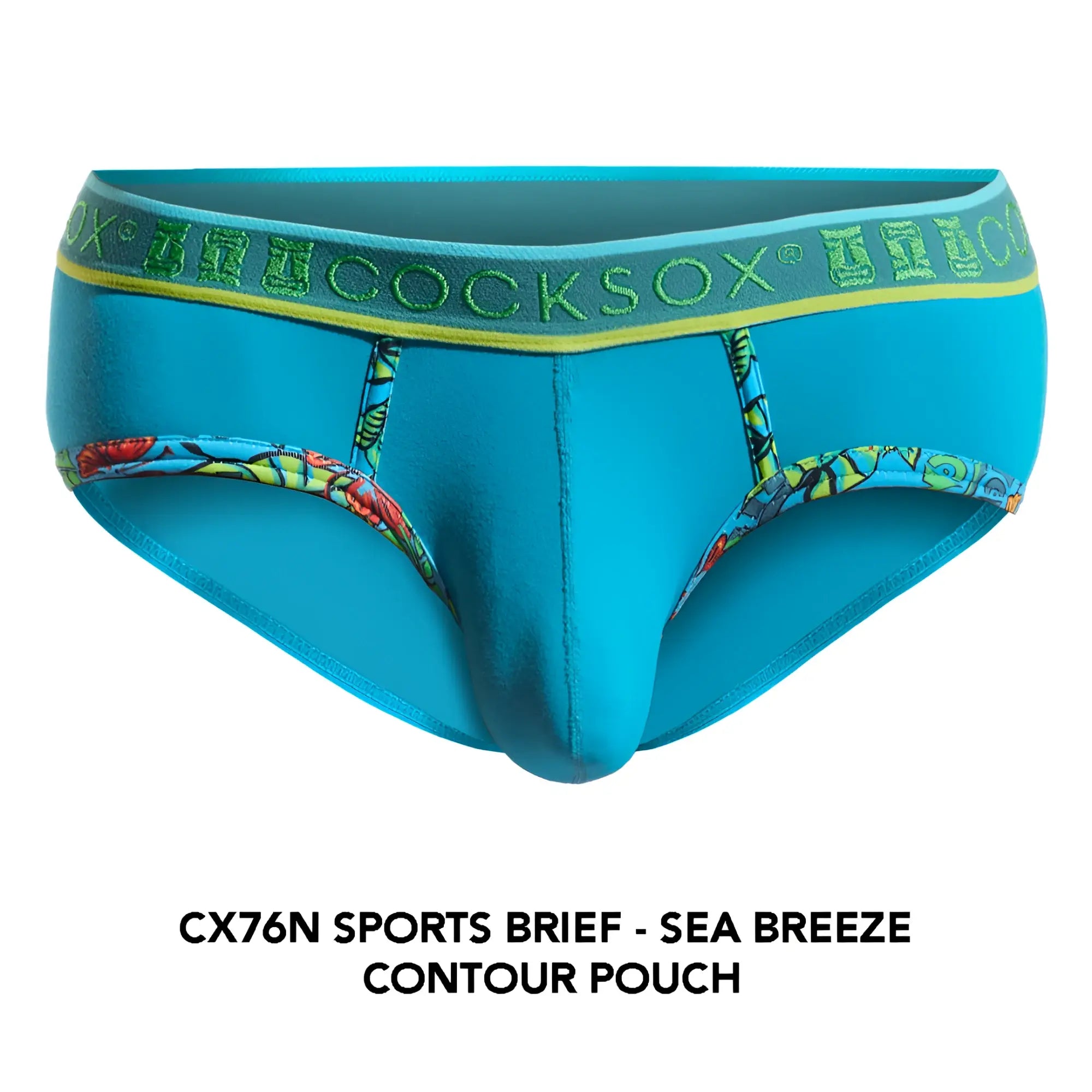 Bright turquoise blue cocksox cx76n sports brief with yellow green waistband tropical side panels contour pouch design