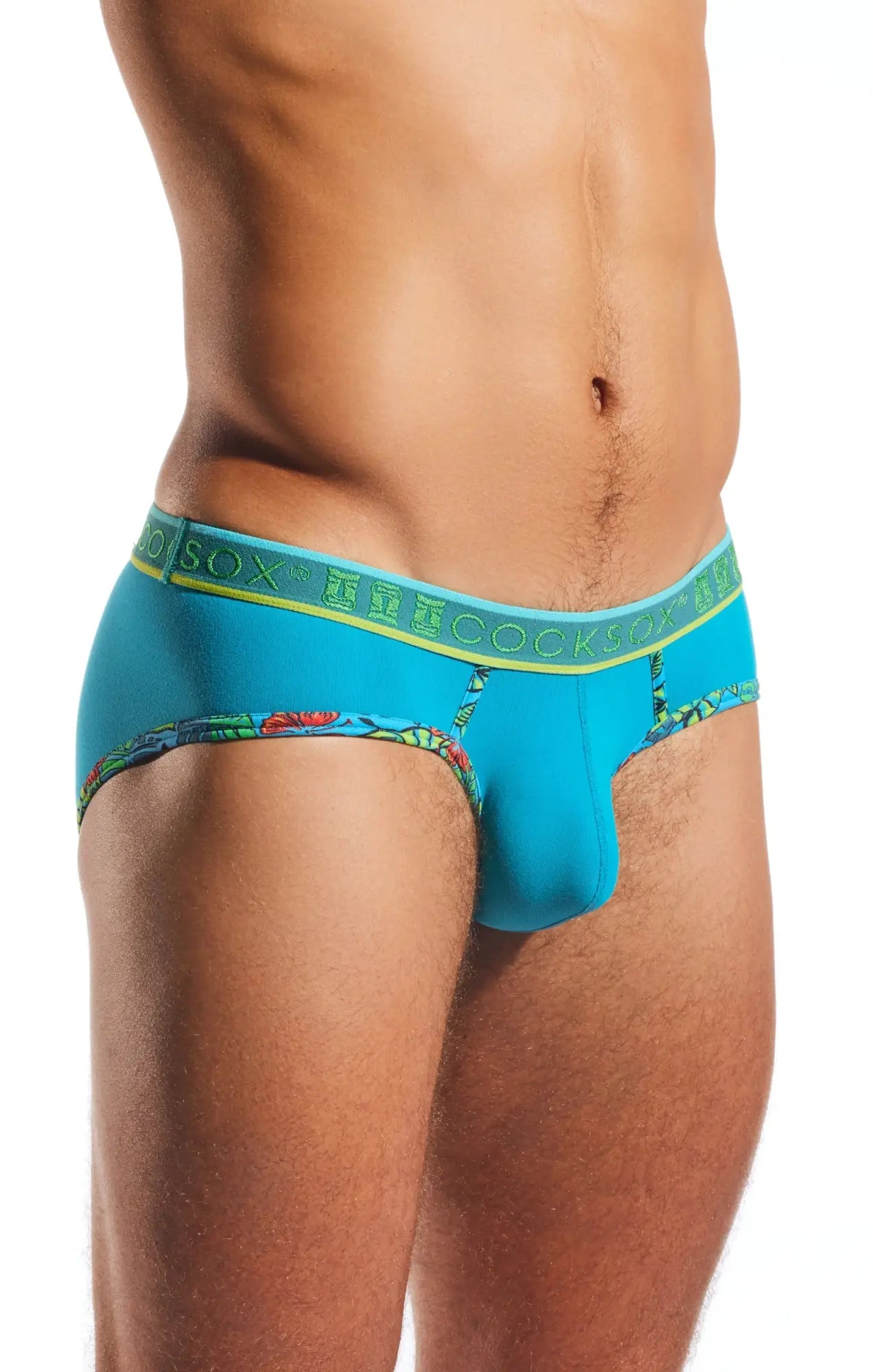 Bright turquoise mens briefs with colorful patterned trim and cocksox brand waistband in the Cocksox CX76N sports brief