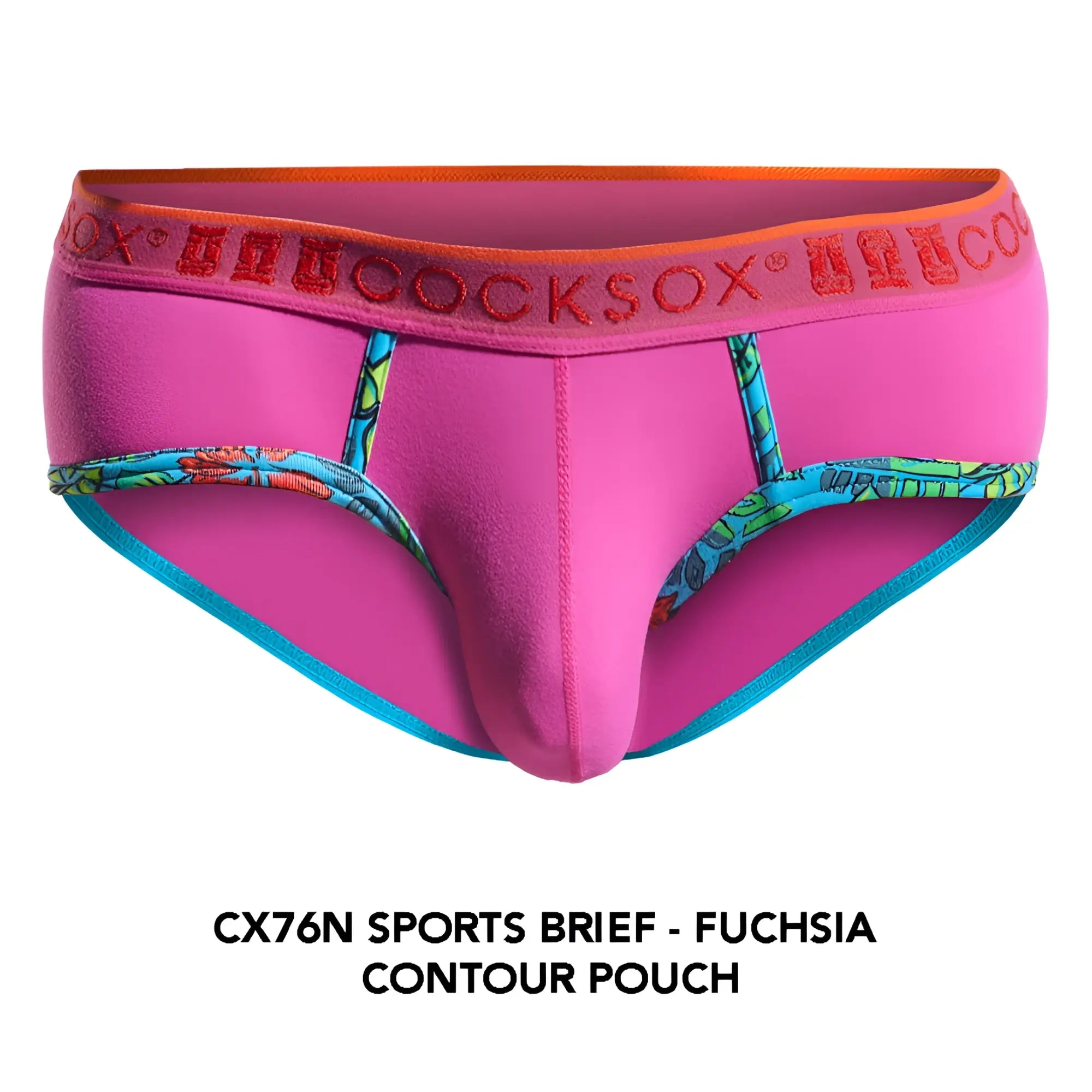 Cocksox cx76n sports brief in fuchsia with orange sox waistband teal trim and tropical side panel design