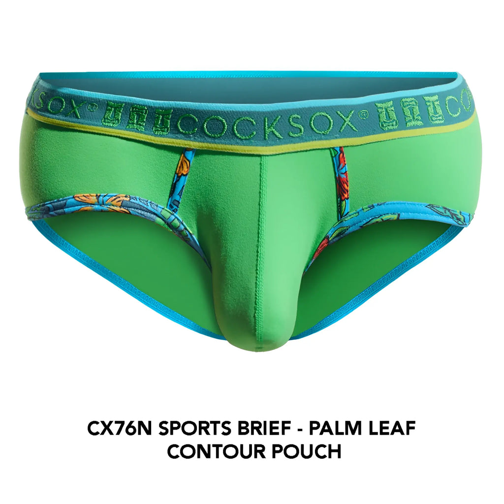 Cocksox CX76N sports brief with green and blue palm leaf pattern and contoured pouch design for active wear