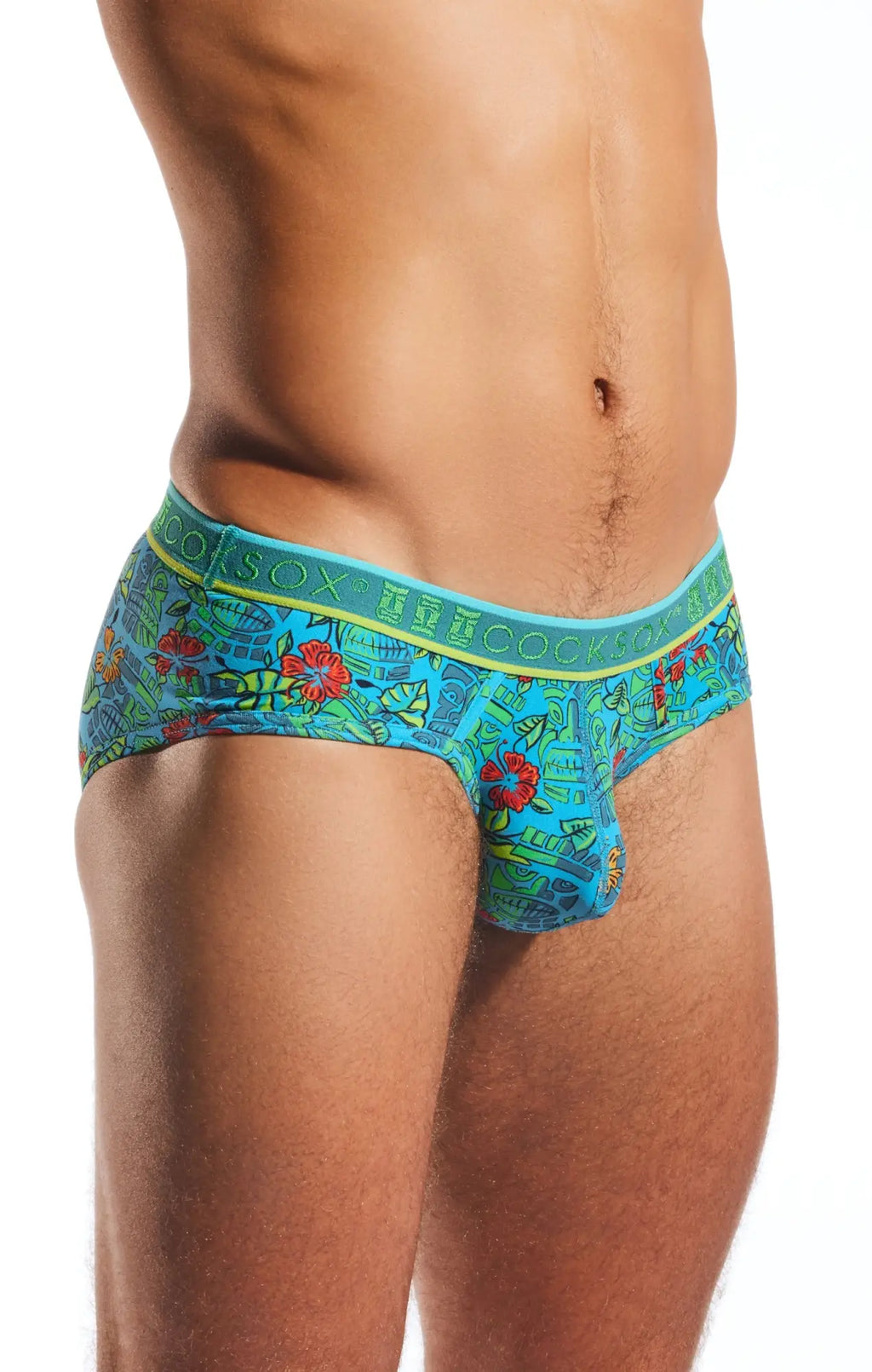 Tropical floral patterned turquoise men’s briefs with lime green waistband and cox sox branding cocksox cx76n sports brief