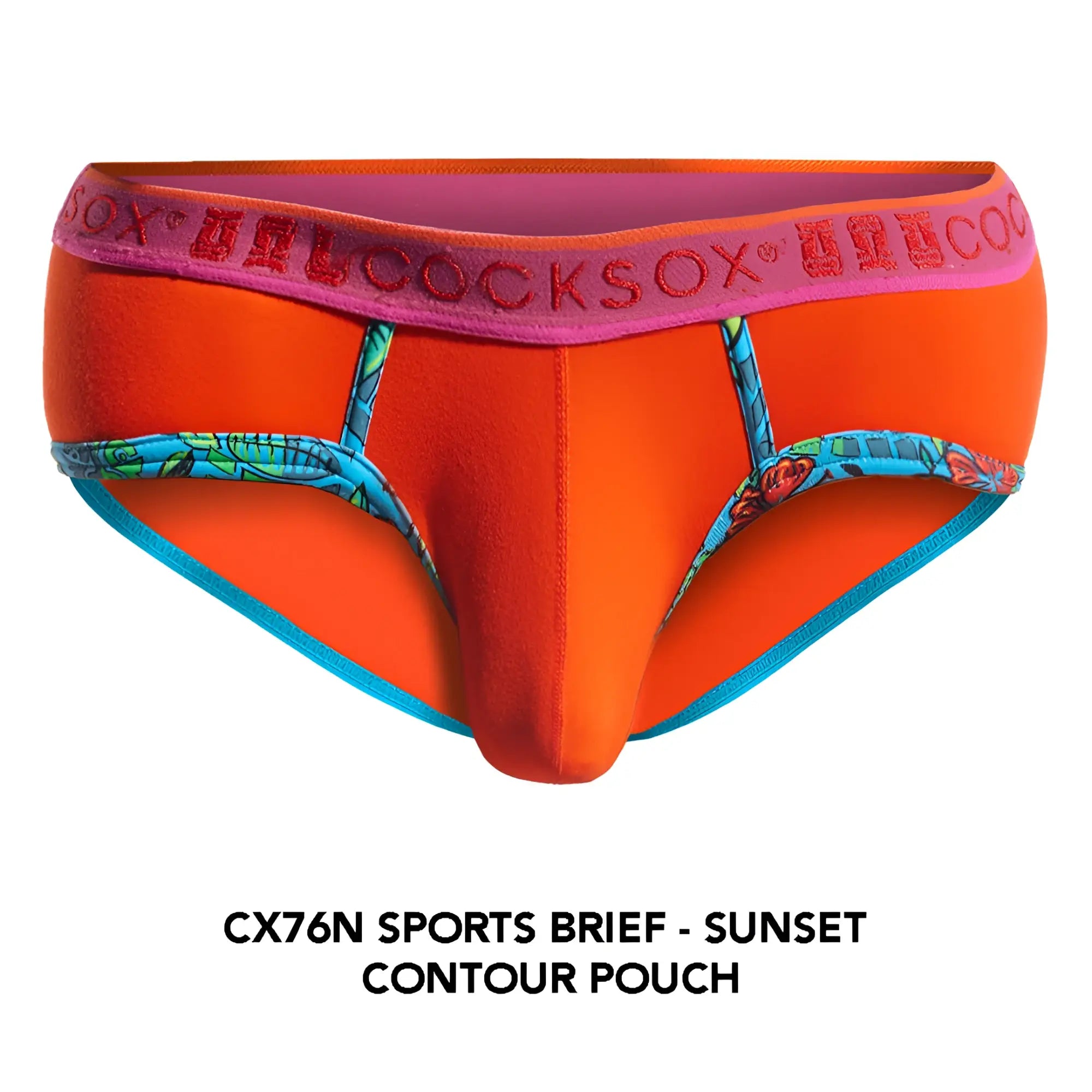 Vibrant orange cocksox cx76n sports brief with pink branded waistband and blue patterned side panels and trim