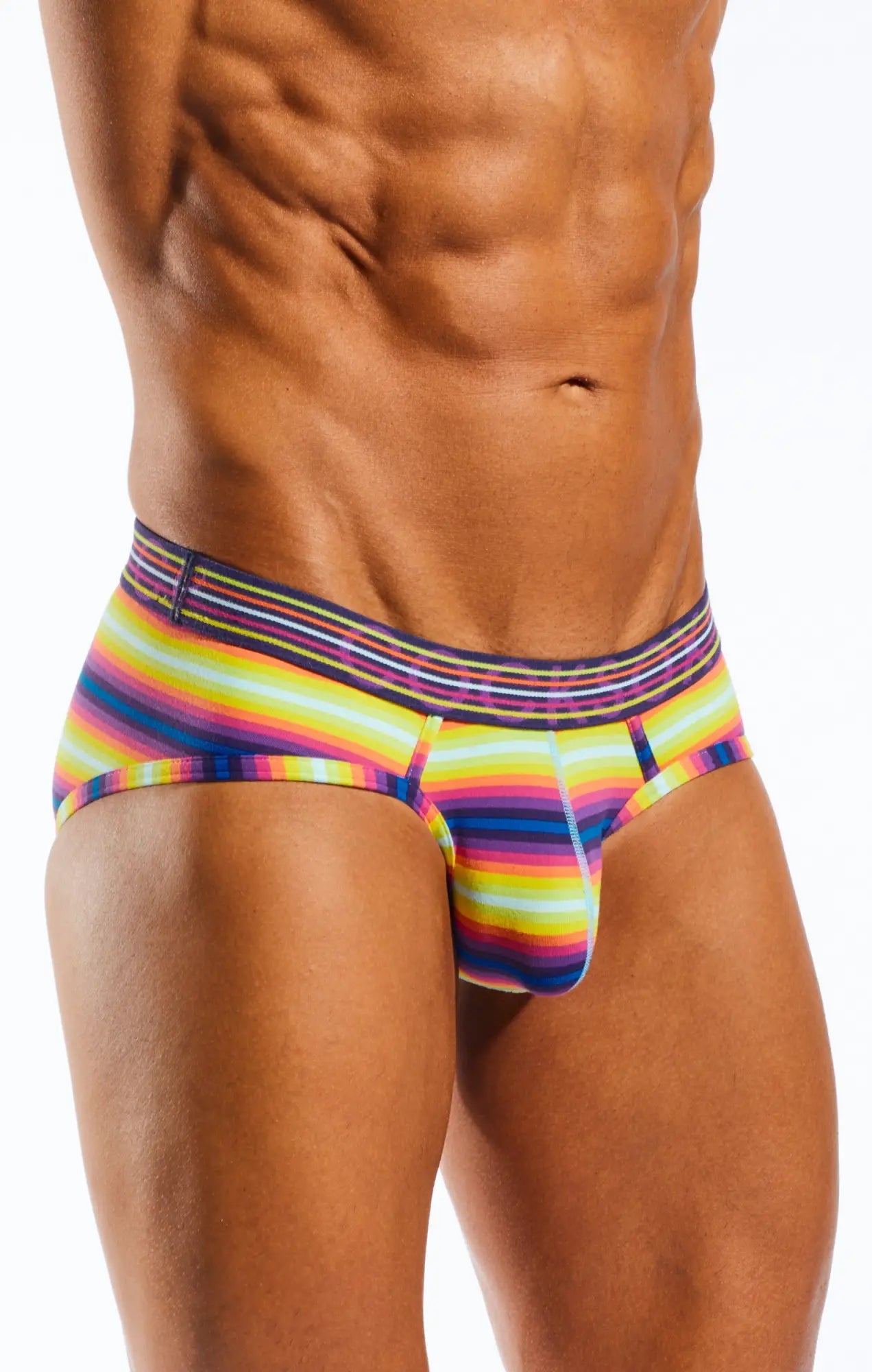 Vibrant rainbow-striped cocksox CX76N sports brief with snug form-fitting design for comfortable support
