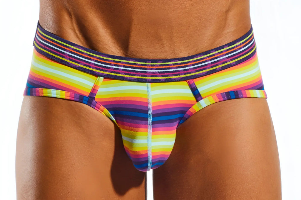 Vibrant rainbow-striped men’s cocksox cx76n sports briefs with snug elastic waistband for comfortable support