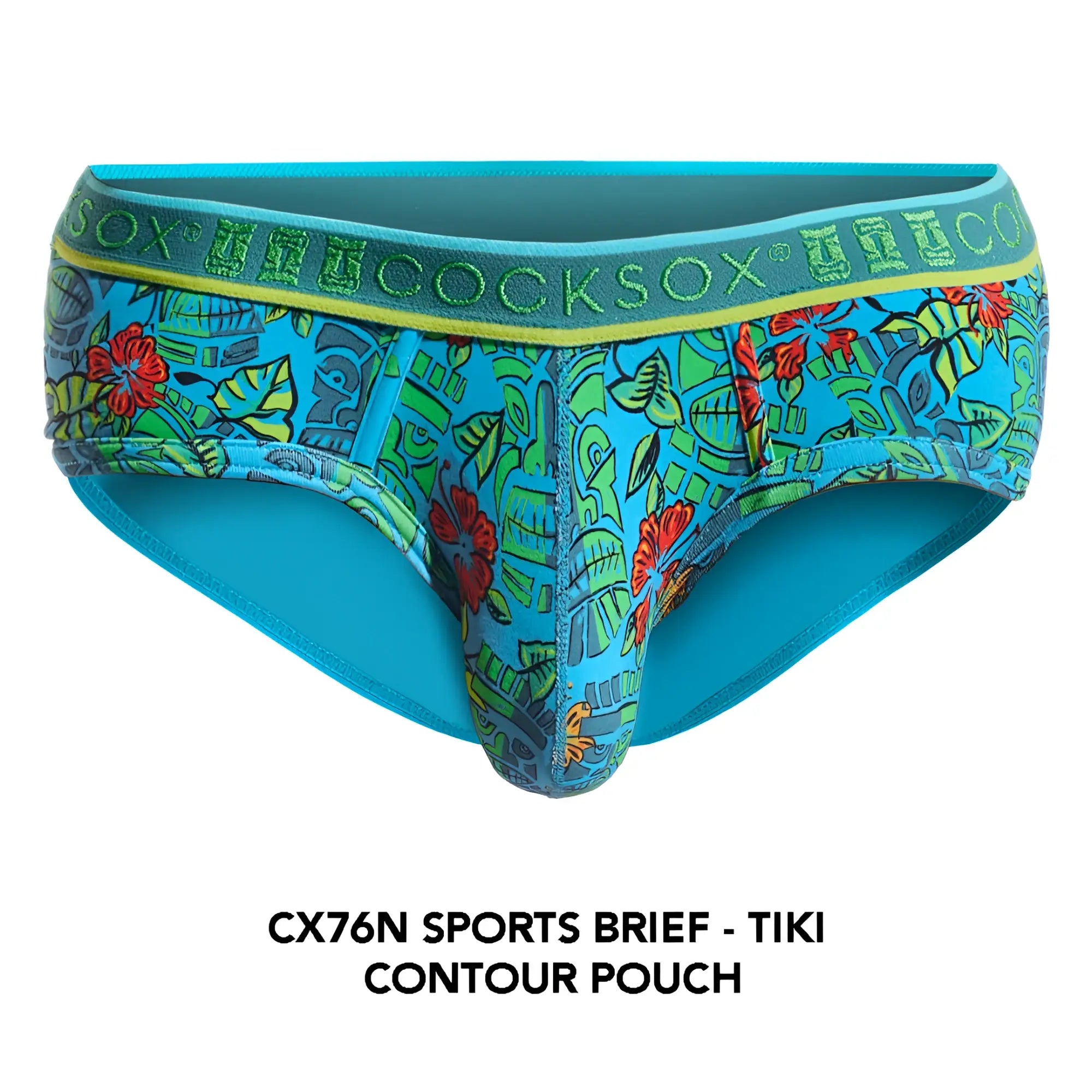 Vibrant turquoise and green cocksox cx76n sports brief with red floral accents and branded elastic waistband