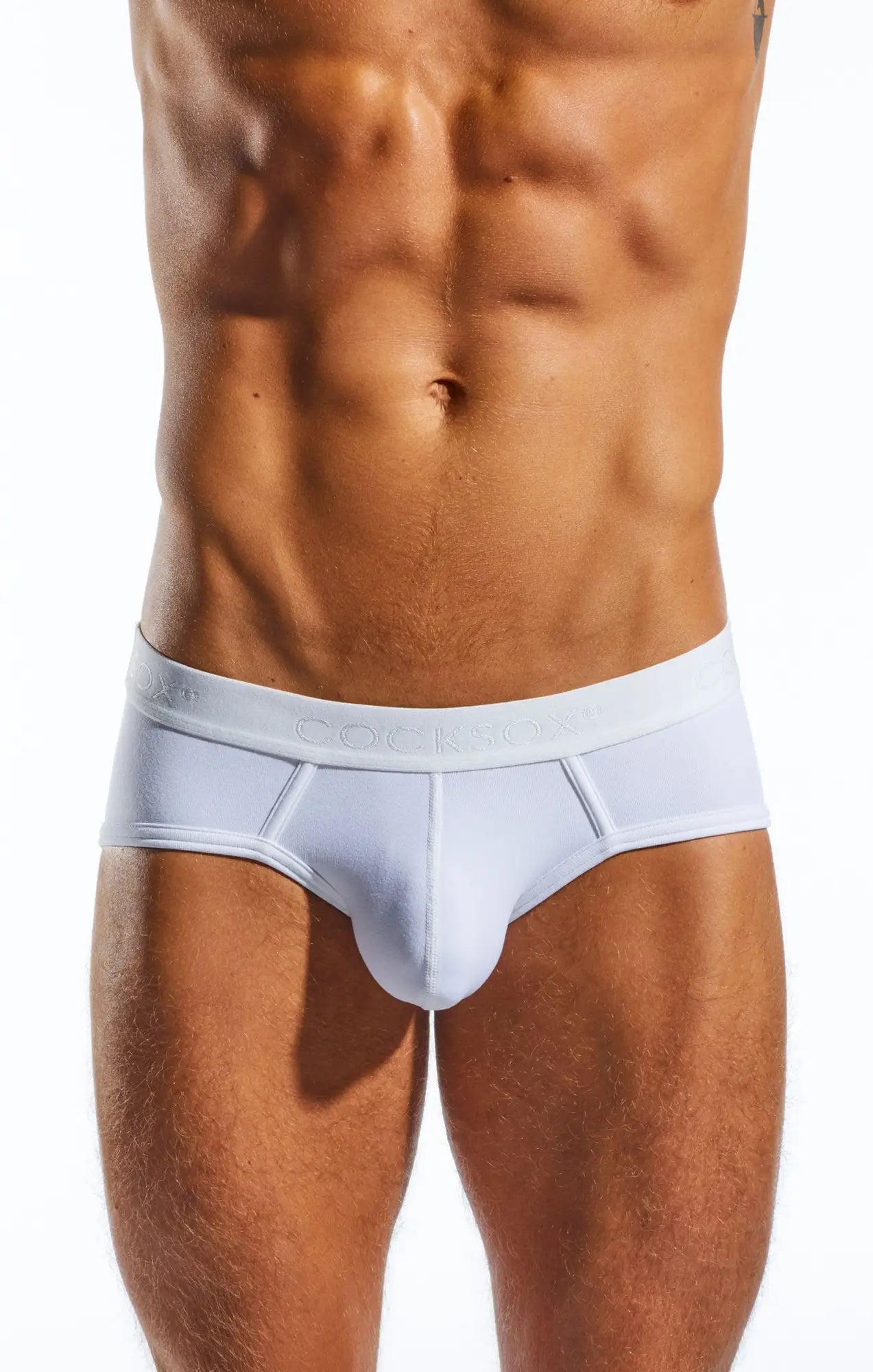 White cotton cocksox cx76n sports briefs with subtle elastic waistband featuring cooliba branding in light gray