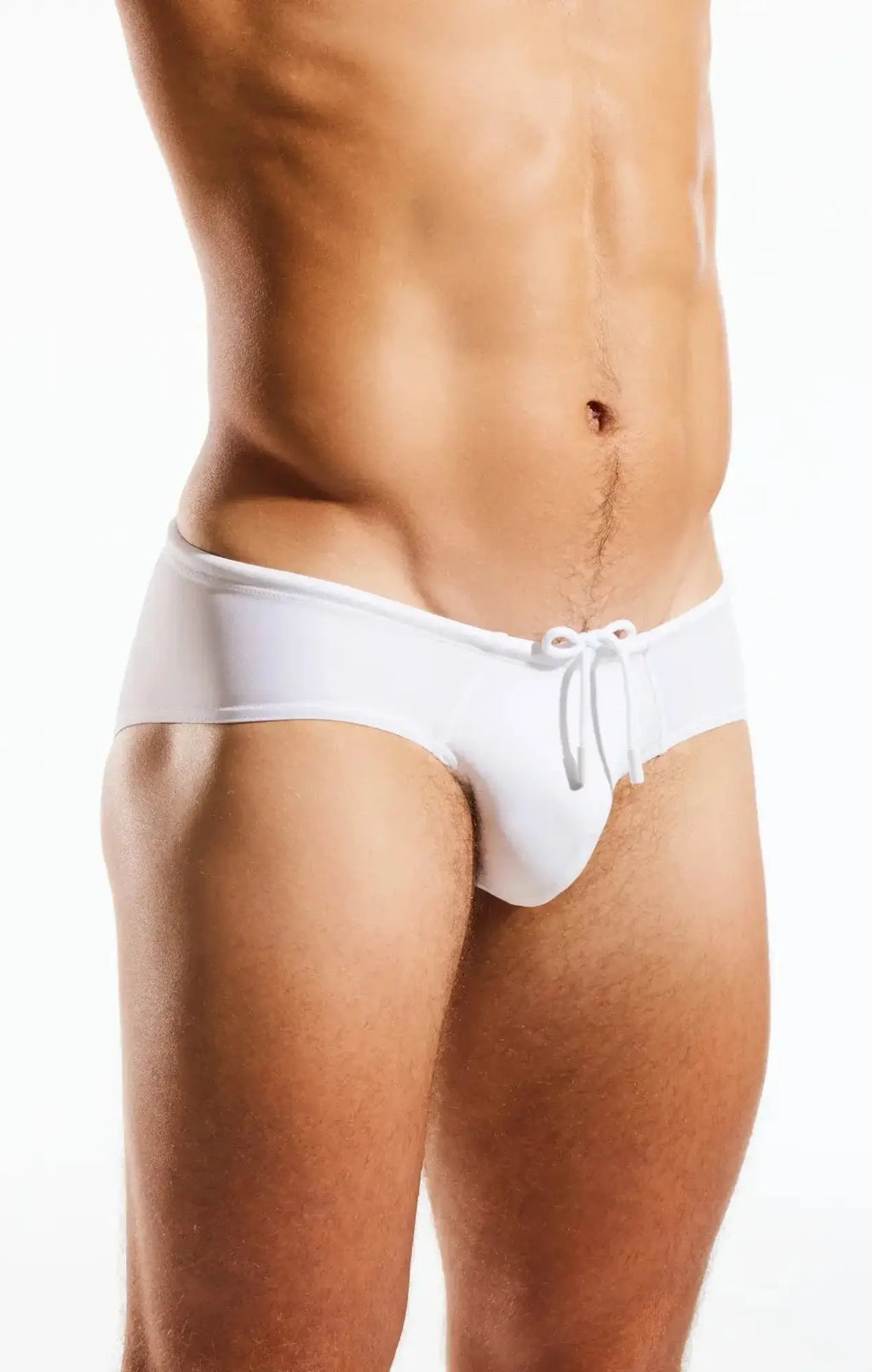 White Cocksox CX79 boy leg swim brief with drawstring waistband designed for comfortable swimwear use