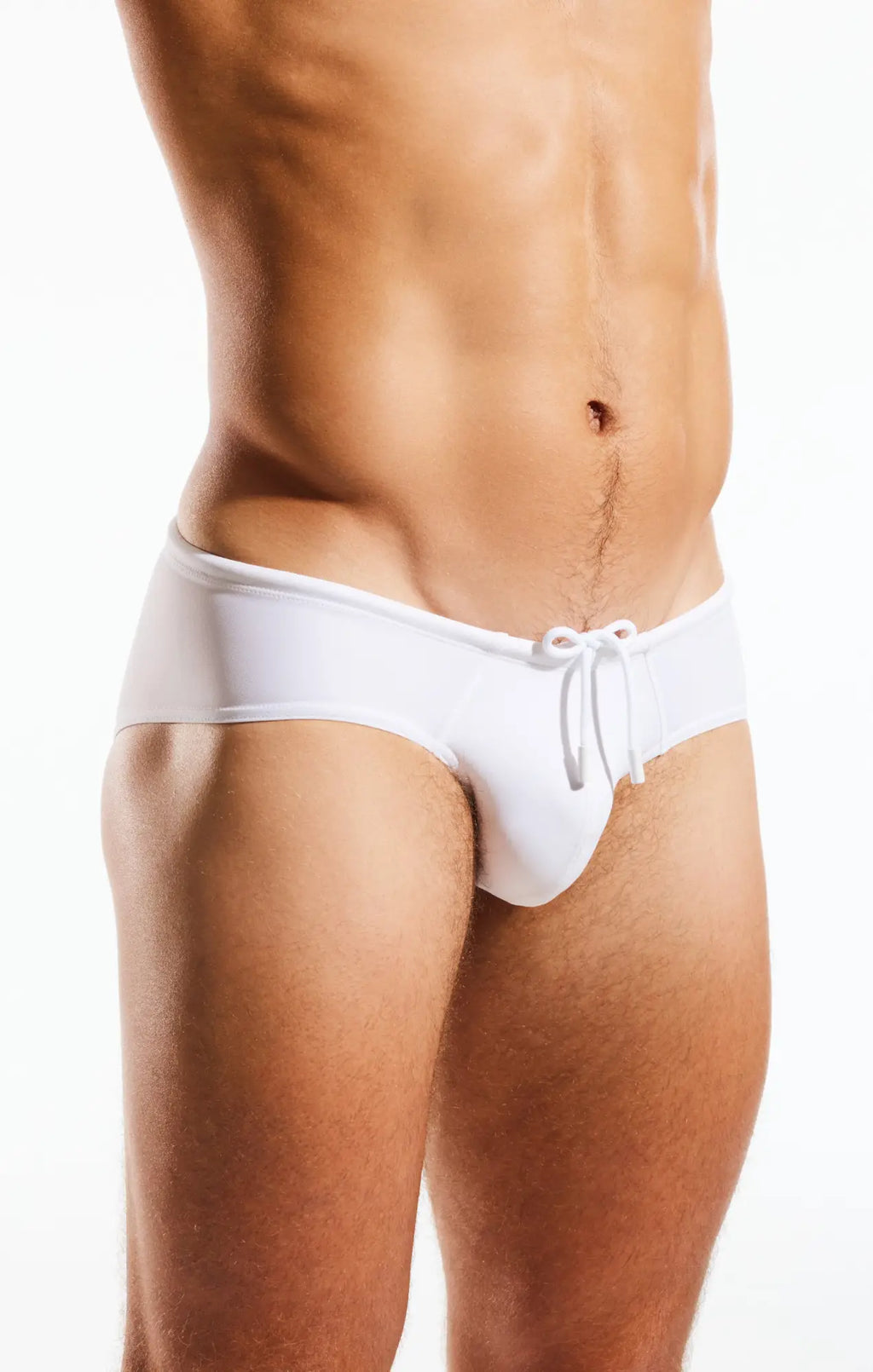 White Cocksox CX79 boy leg swim brief with drawstring waistband designed for comfortable swimwear use