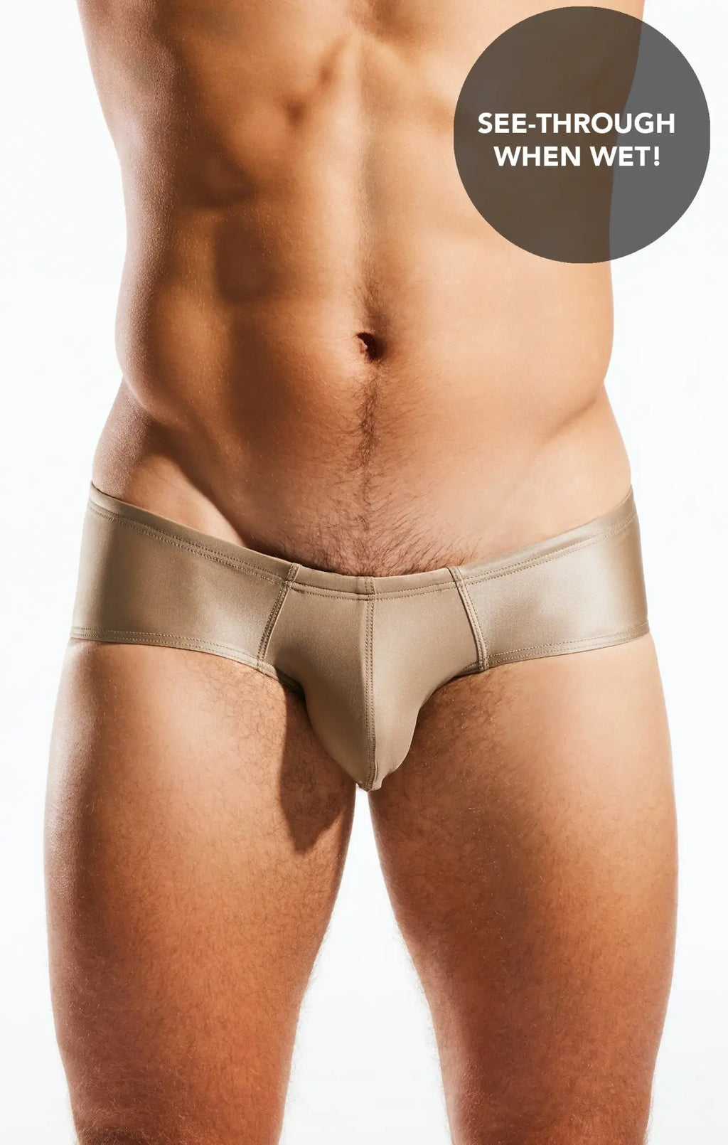 Beige metallic cocksox cx79gs boy leg swim brief with a sleek shiny finish designed for swimwear use