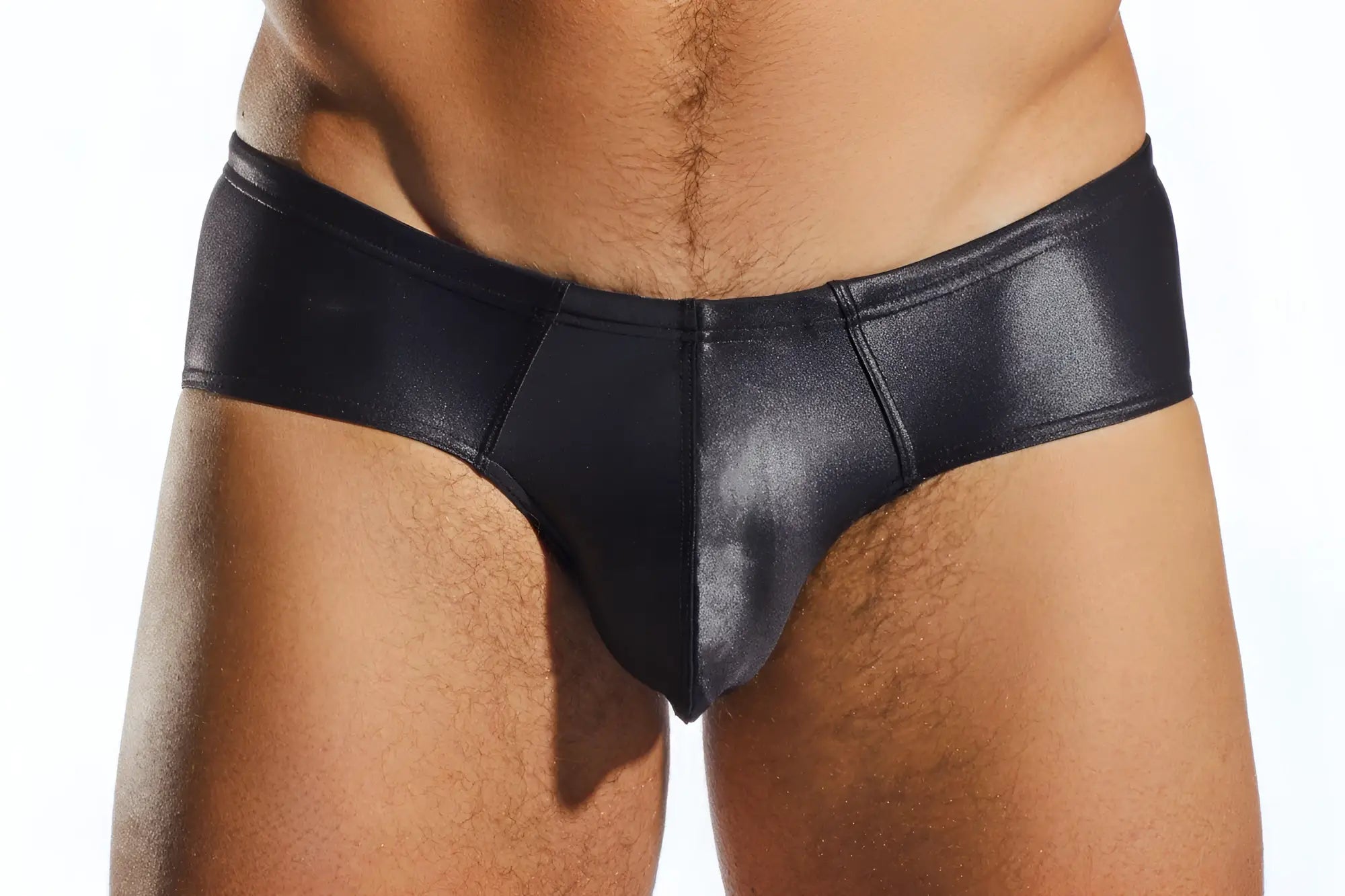 Cocksox cx79gs boy leg swim brief in black shiny faux leather showcasing sleek swimwear design