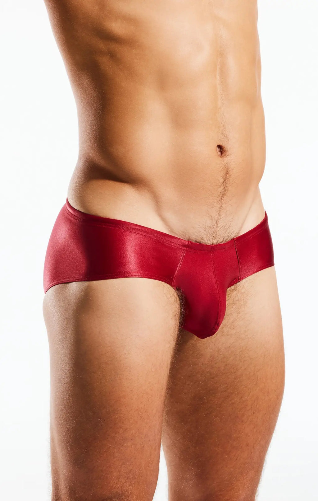 Red satin cocksox cx79gs boy leg swim briefs with smooth glossy finish designed for swimwear use