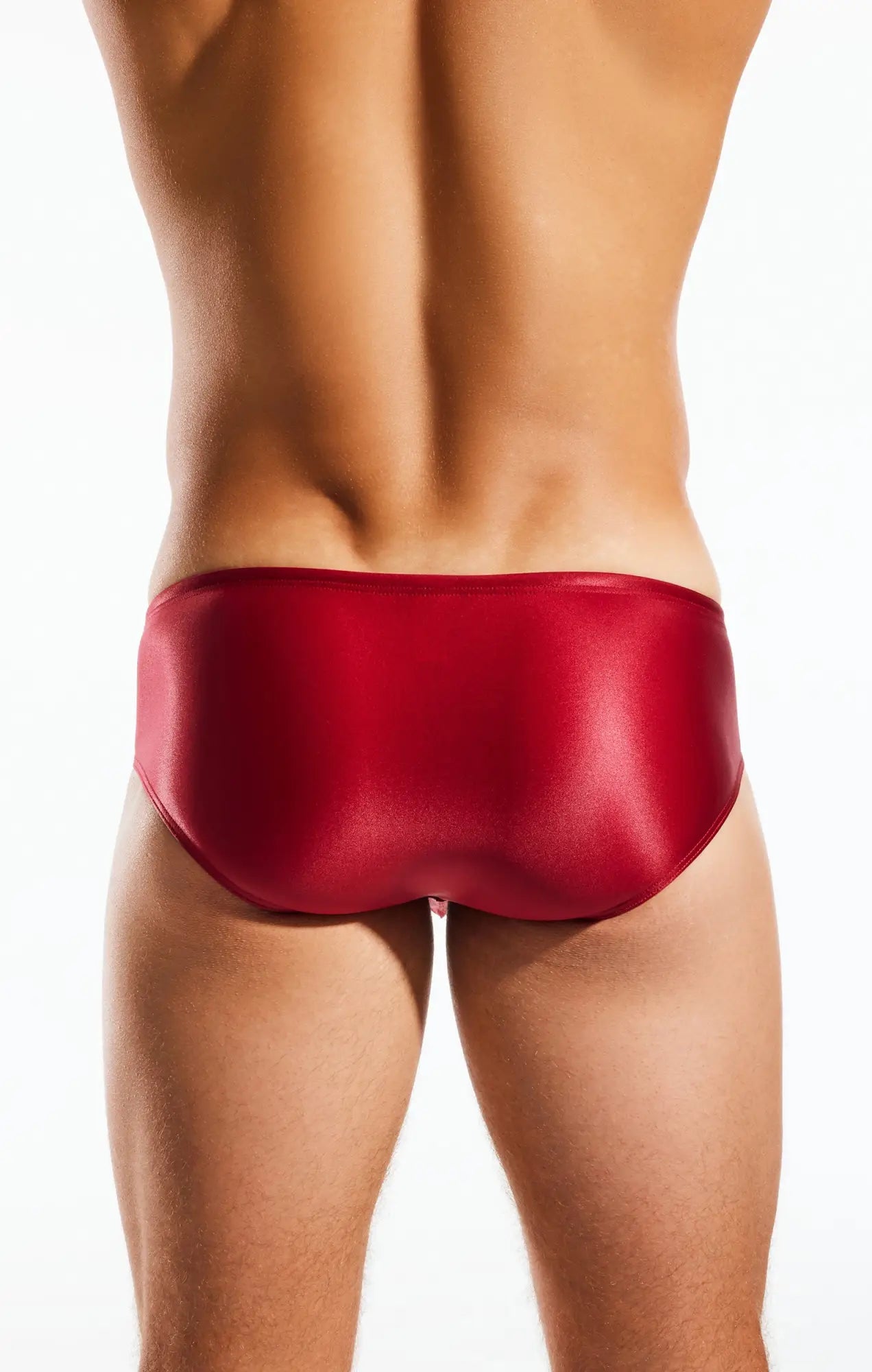Red shiny satin cocksox cx79gs boy leg swim brief showcasing smooth fabric and vibrant color
