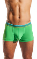 Bright green cocksox CX94 boxer brief with teal elastic waistband and white hocksox branding in front view