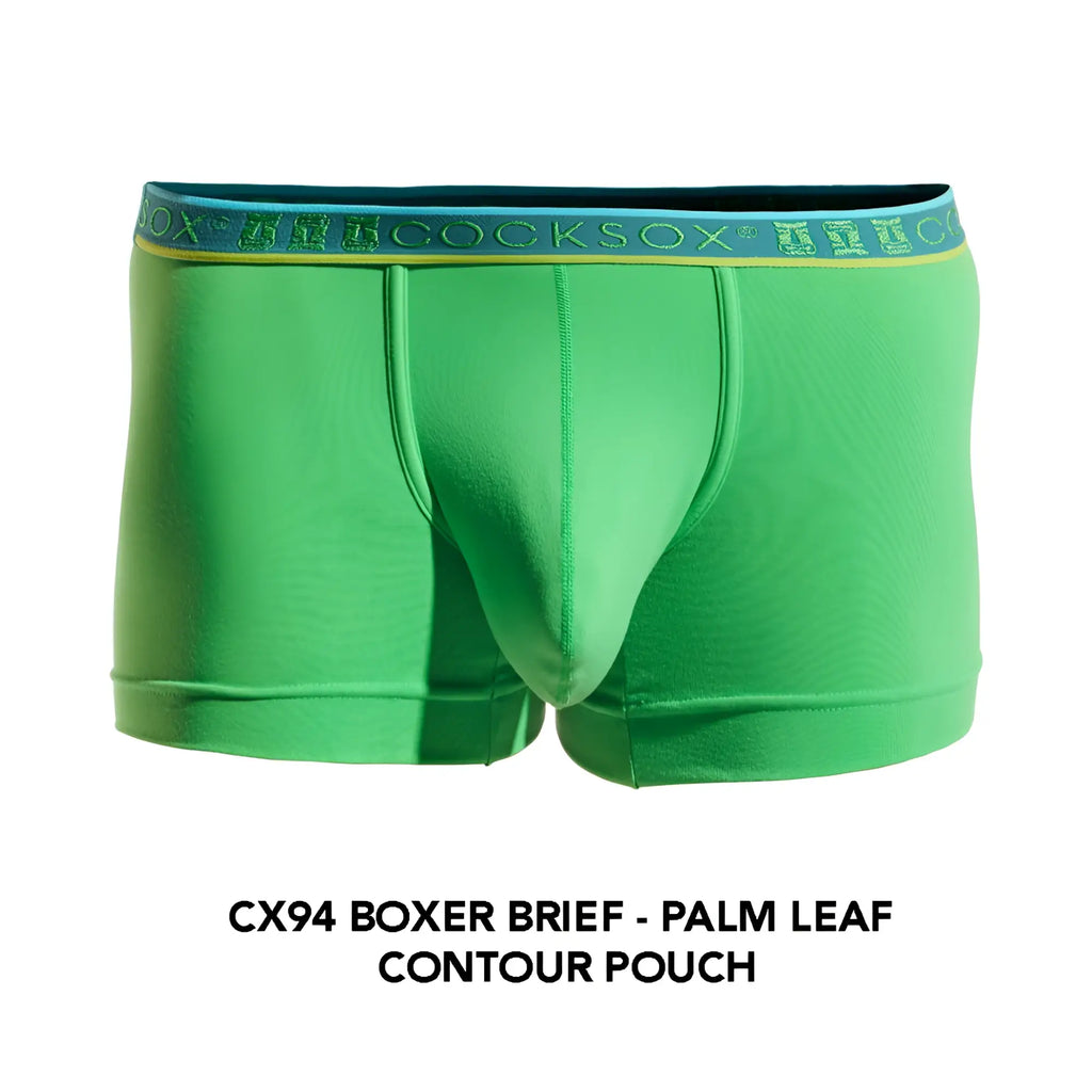 Bright green cocksox CX94 boxer brief with teal and yellow menocksox branded elastic waistband