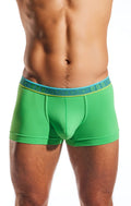 Bright green cocksox CX94 boxer brief with teal elastic waistband and white hocksox branding in front view