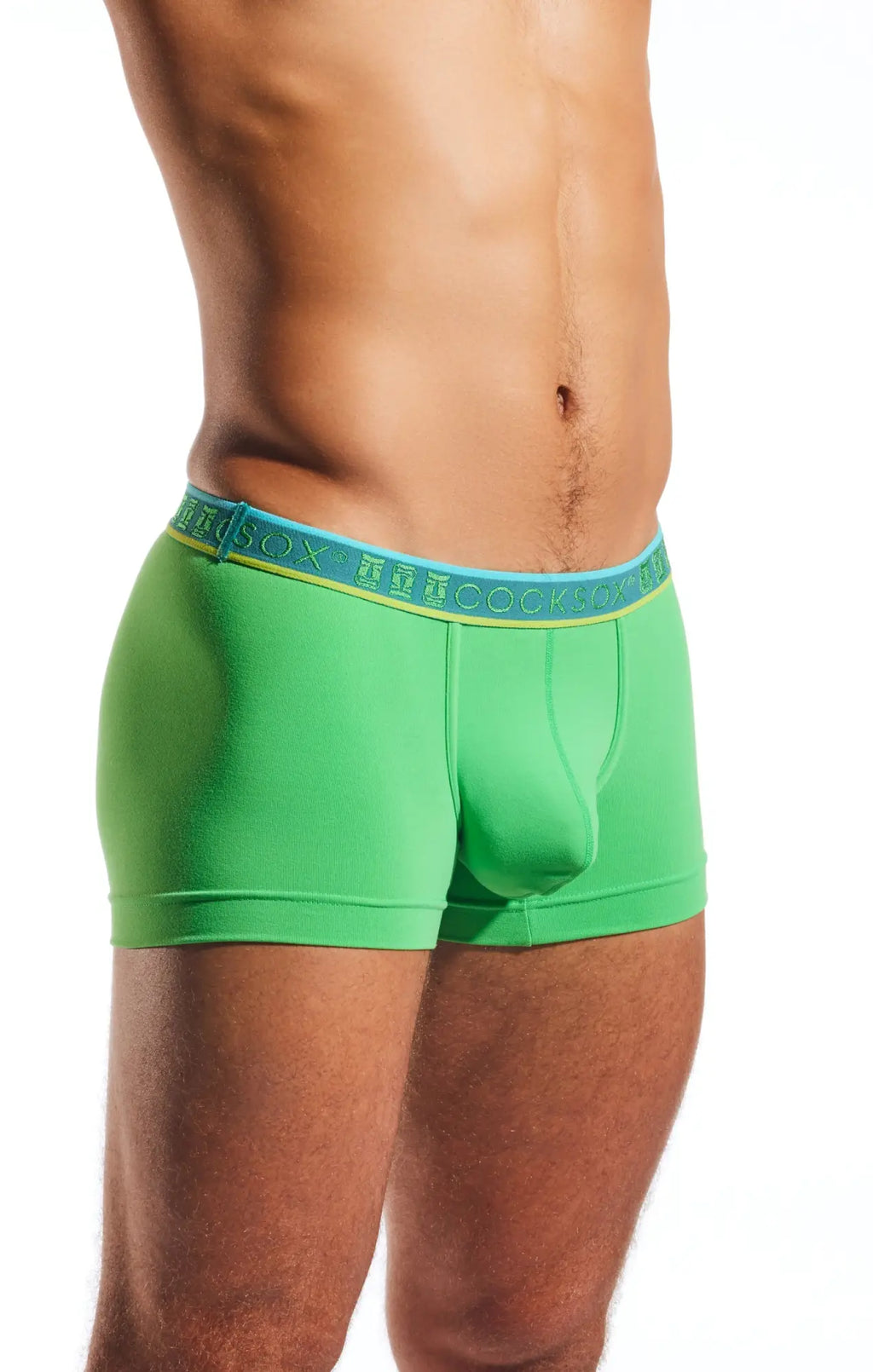 Bright green cocksox cx94 boxer briefs with teal waistband featuring cocky brand name in white lettering