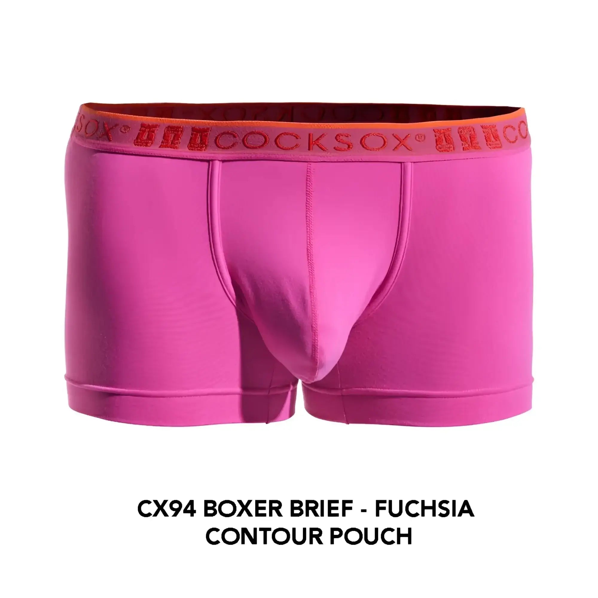 Fuchsia cx94 boxer brief with contour pouch and orange sox cocks waistband designed for comfortable support