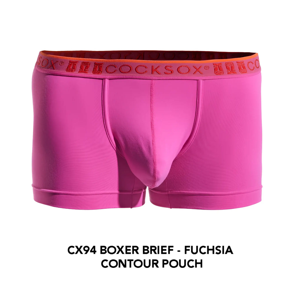 Fuchsia cx94 boxer brief with contour pouch and orange sox cocks waistband designed for comfortable support
