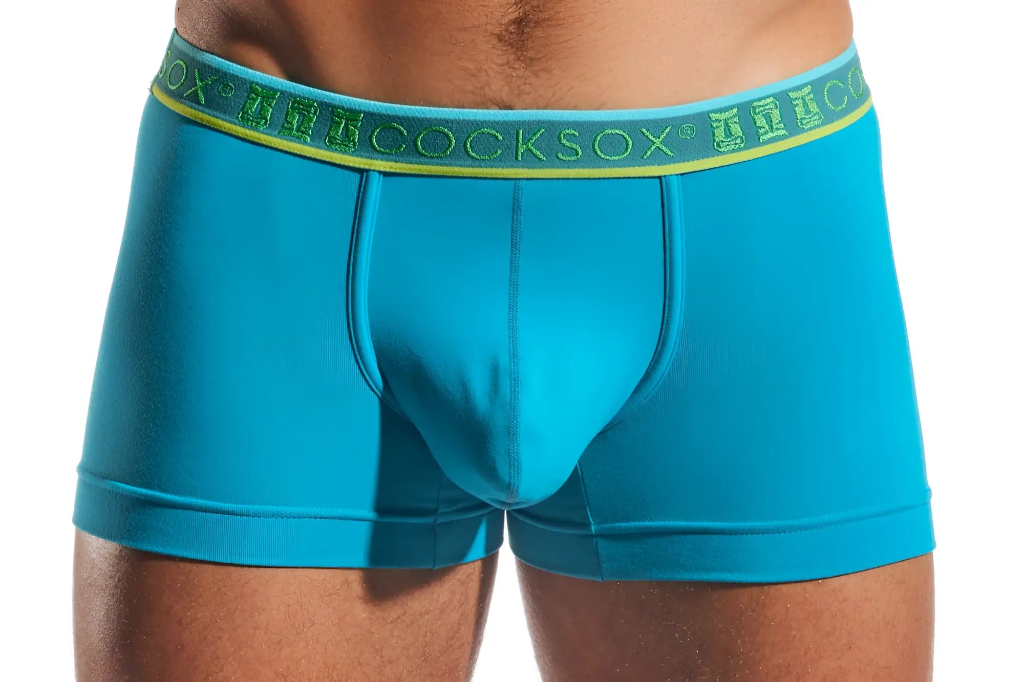 Turquoise blue cocksox cx94 boxer briefs with green and yellow branded waistband for comfortable wear